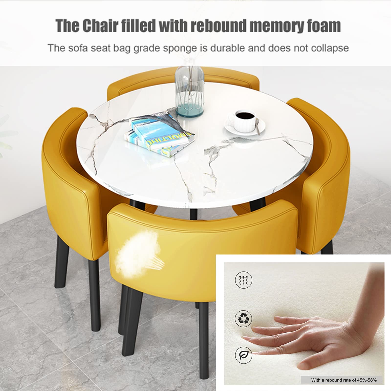 5-Piece Marble Round Conference Table with PU Backrest Chairs - Modern Office Reception & Lounge Furniture Set - Perfect for Small Meeting Rooms, Home Offices & Family Apartments
