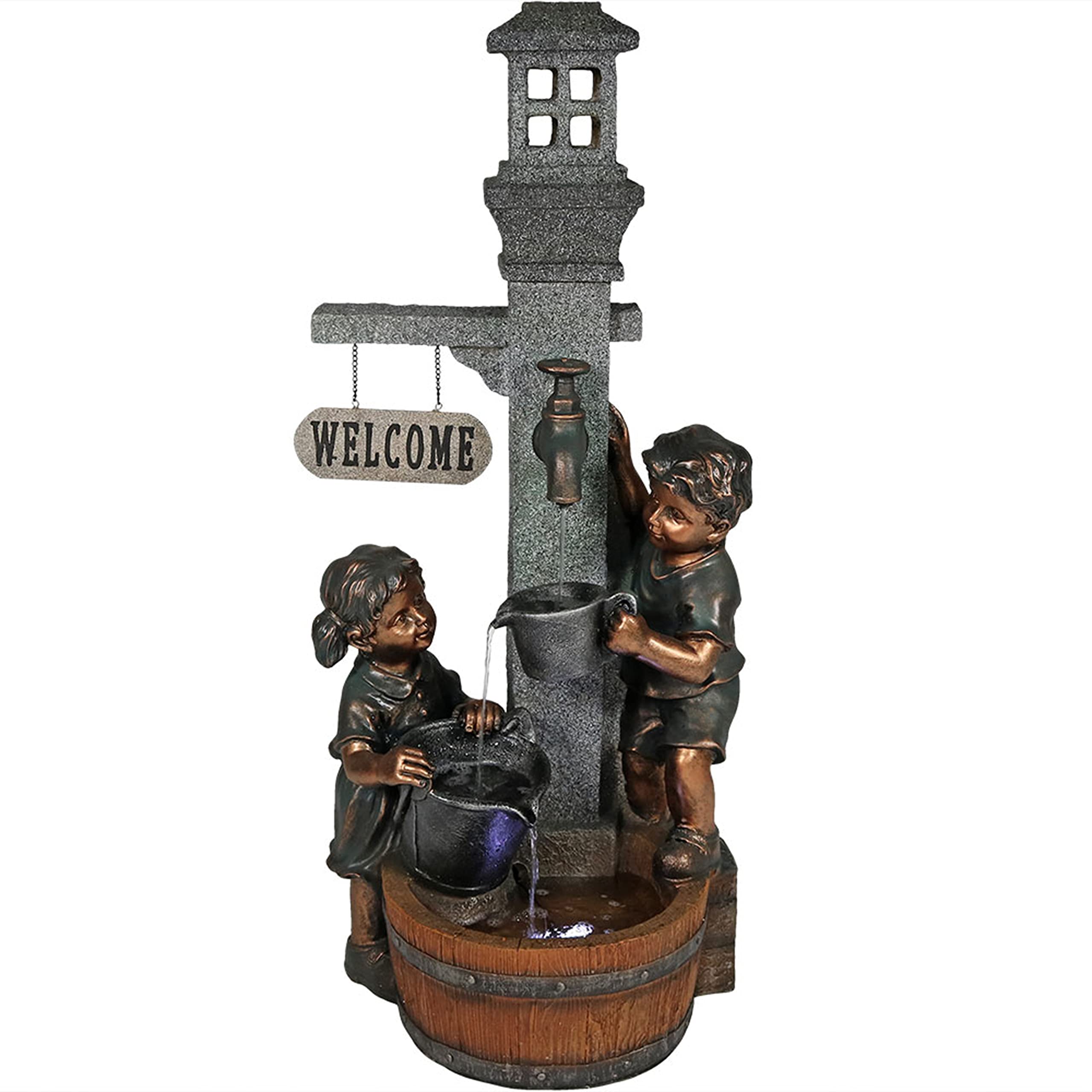 40-Inch LED Outdoor Water Fountain for Kids - Sunnydaze Garden Water Feature with Faucet for Patio, Yard & Balcony | Perfect for Children's Play Area & Backyard Decor