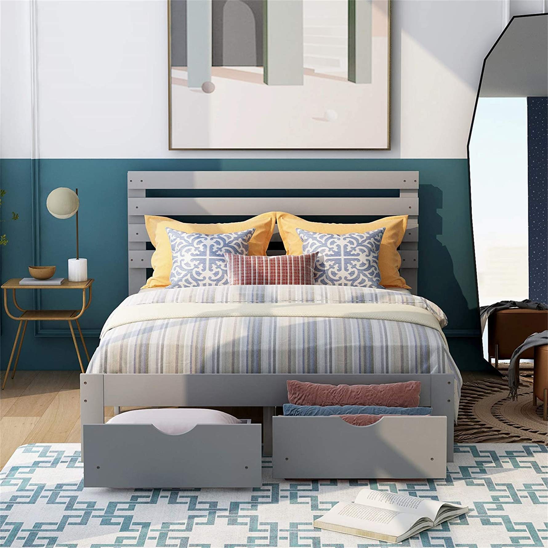 Merax Full Size Bed Frame with Storage Drawers & Headboard - Sturdy Wood Platform Bed for Kids & Teens, No Box Spring Needed, Grey - Perfect for Small Bedrooms, Dorm Rooms & Guest Rooms