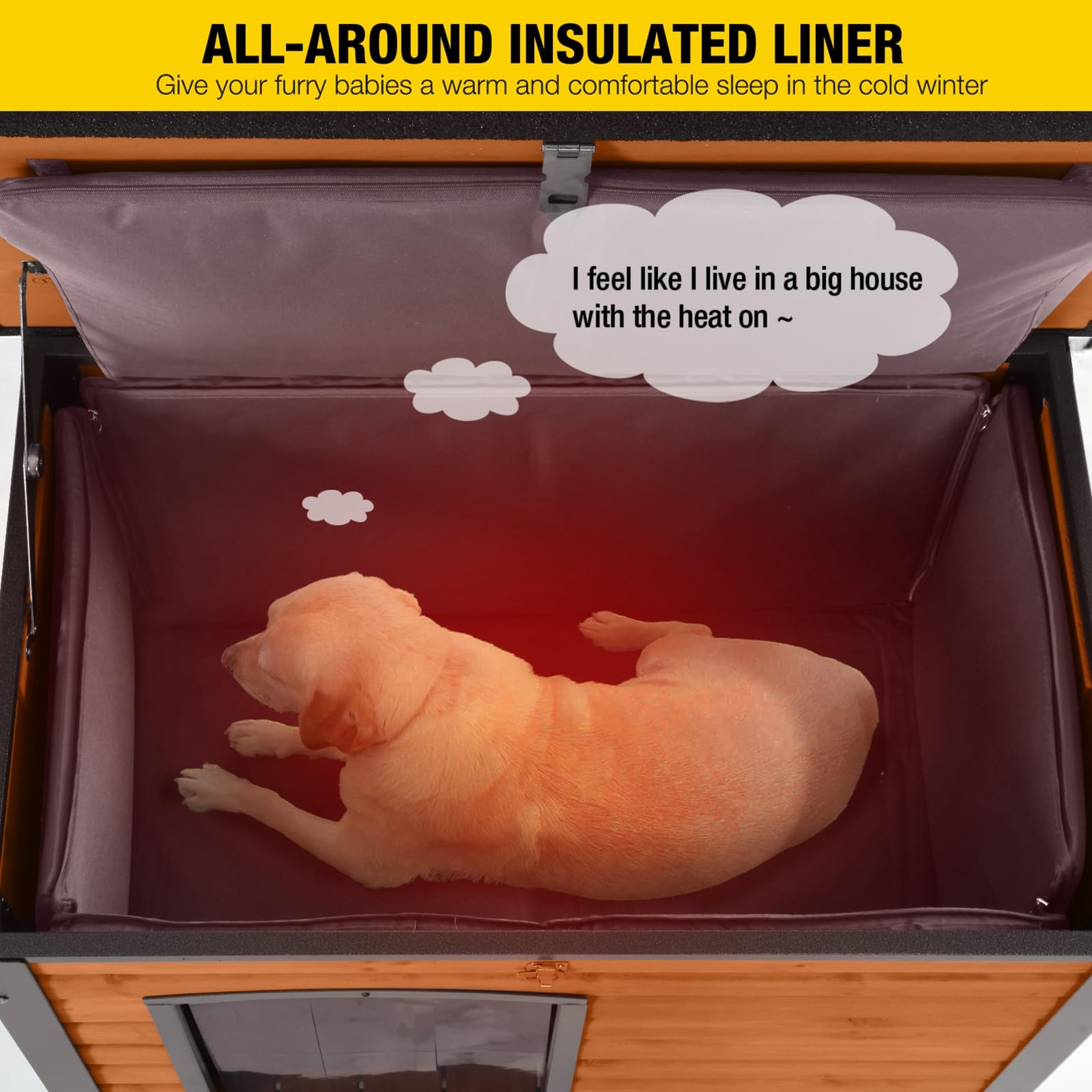 Insulated Outdoor Dog House with Liner - Winter-Proof Wooden Dog Kennel with Sturdy All-Around Iron Frame & Waterproof Design | Perfect for Cold Weather, Backyard, and Pet Safety