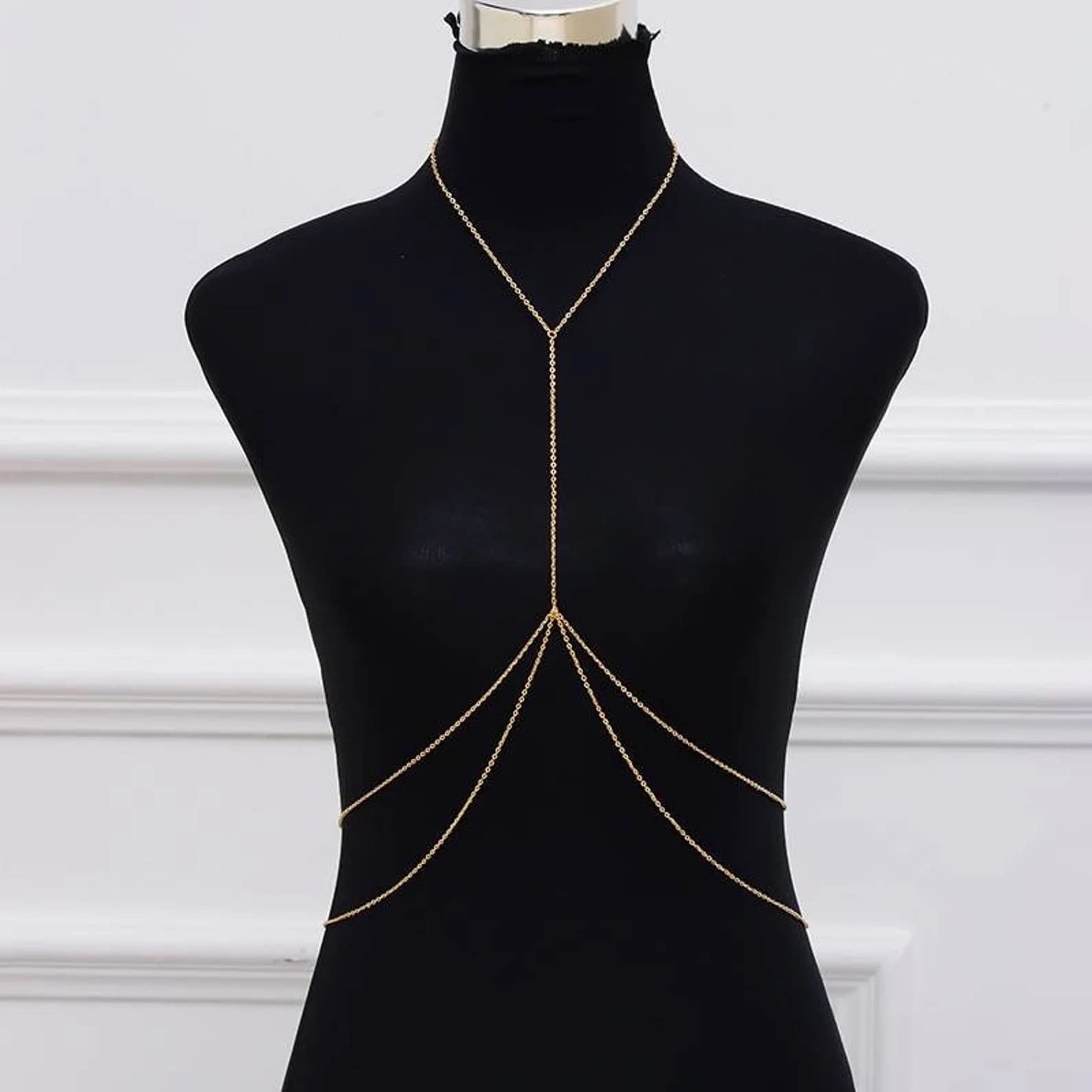 Sexy Sequins Bra Body Chain Bikini - Shiny Luxury Harness Necklace Body Jewelry for Women - Perfect for Wedding, Beach Party, Festival & Bachelorette Accessories (Gold)