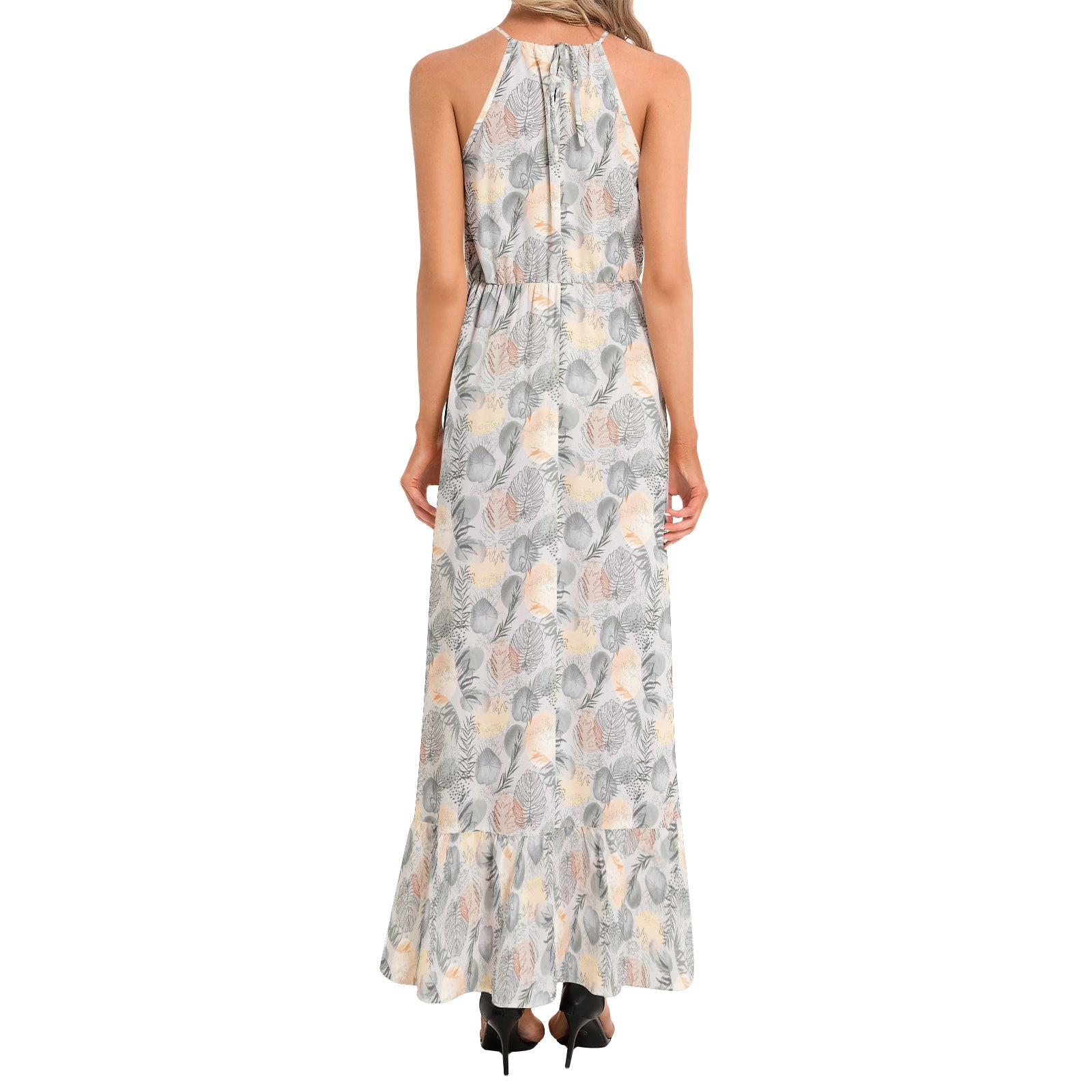 Tropical Washed Out Ruffle Hem Halter Neck Maxi Dress - Flowy Summer Beach Dress for Women, Perfect for Vacations, Parties & Boho Outfits