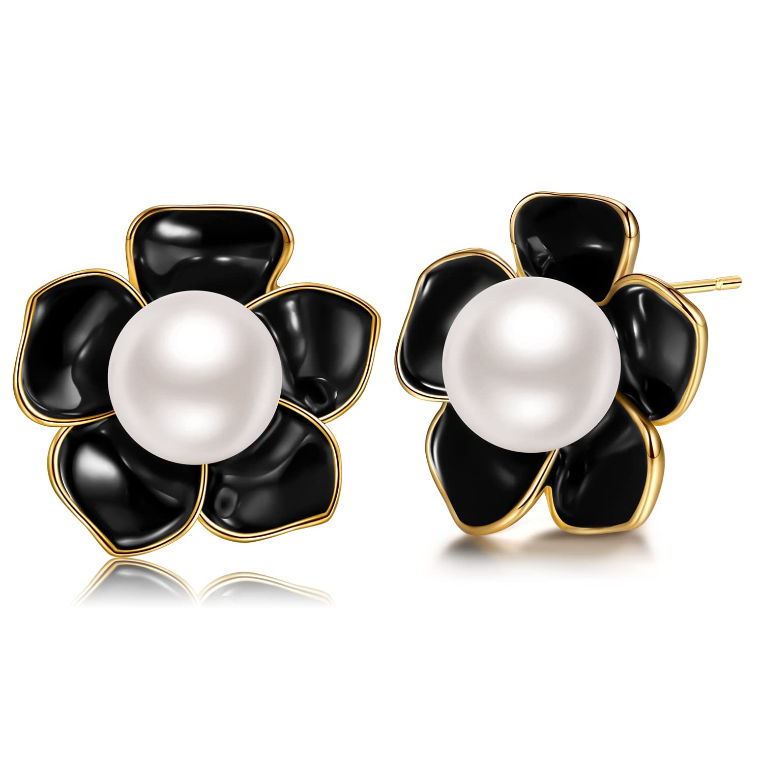 Handmade Pearl & Rose Flower Stud Earrings for Women - 14K Gold Plated 925 Sterling Silver Hypoallergenic Earrings | Perfect for Weddings, Date Nights & Special Occasions