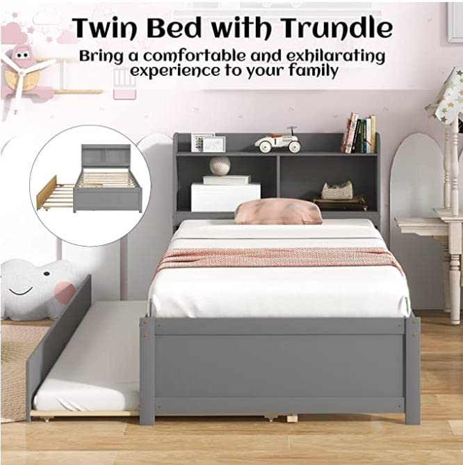 Harper & Bright Designs Twin Bed with Trundle - Solid Wood Platform Bed Frame with Bookcase Headboard for Teens, No Box Spring Needed - Perfect for Small Bedrooms, Guest Rooms & Kids' Rooms (Grey)