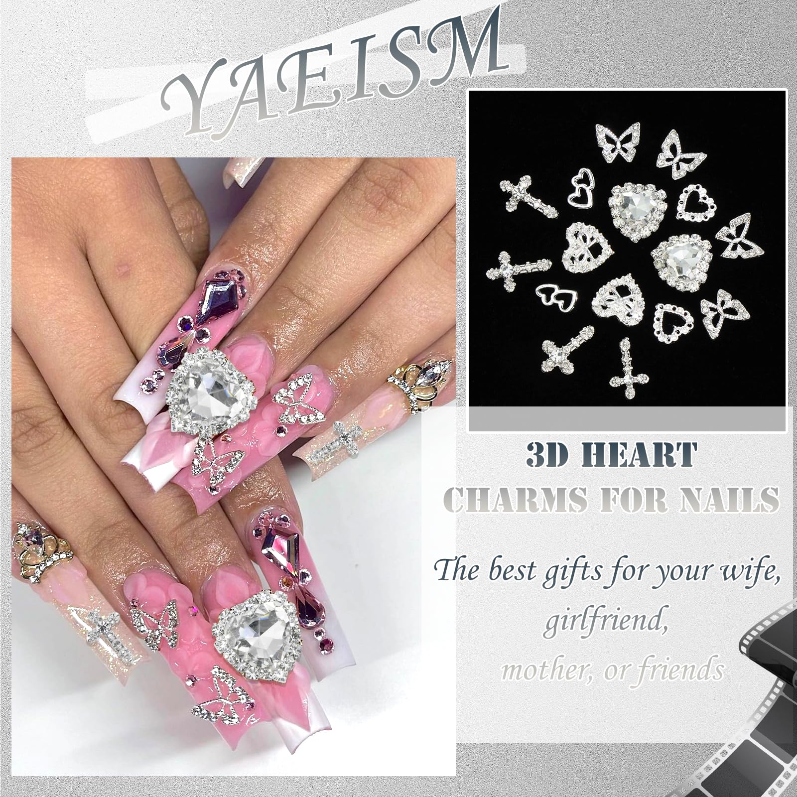 42PCS Silver Nail Charms - 3D Crystal Heart, Alloy Cross & Metal Butterfly Nail Art Gems with Rhinestones for Women | DIY Nail Decorations & Crafts | Perfect for Manicures, Parties, Bridal Nails and Gift Giving