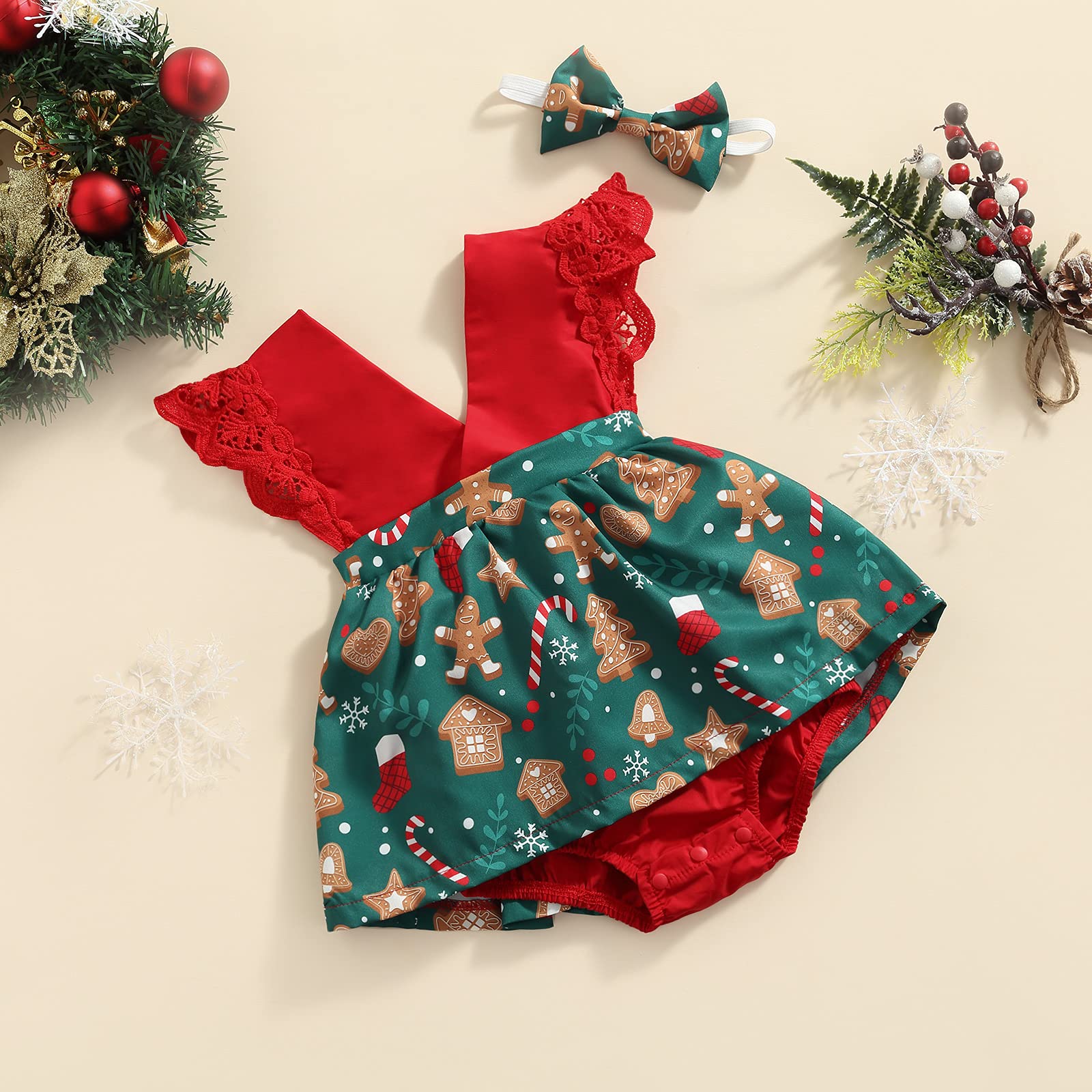 My First Christmas Outfit for Newborn Baby Girls - Lace Sleeveless Romper Dress with Tutu Skirt & Headband | Holiday Photoshoot, Family Gathering, Xmas Party