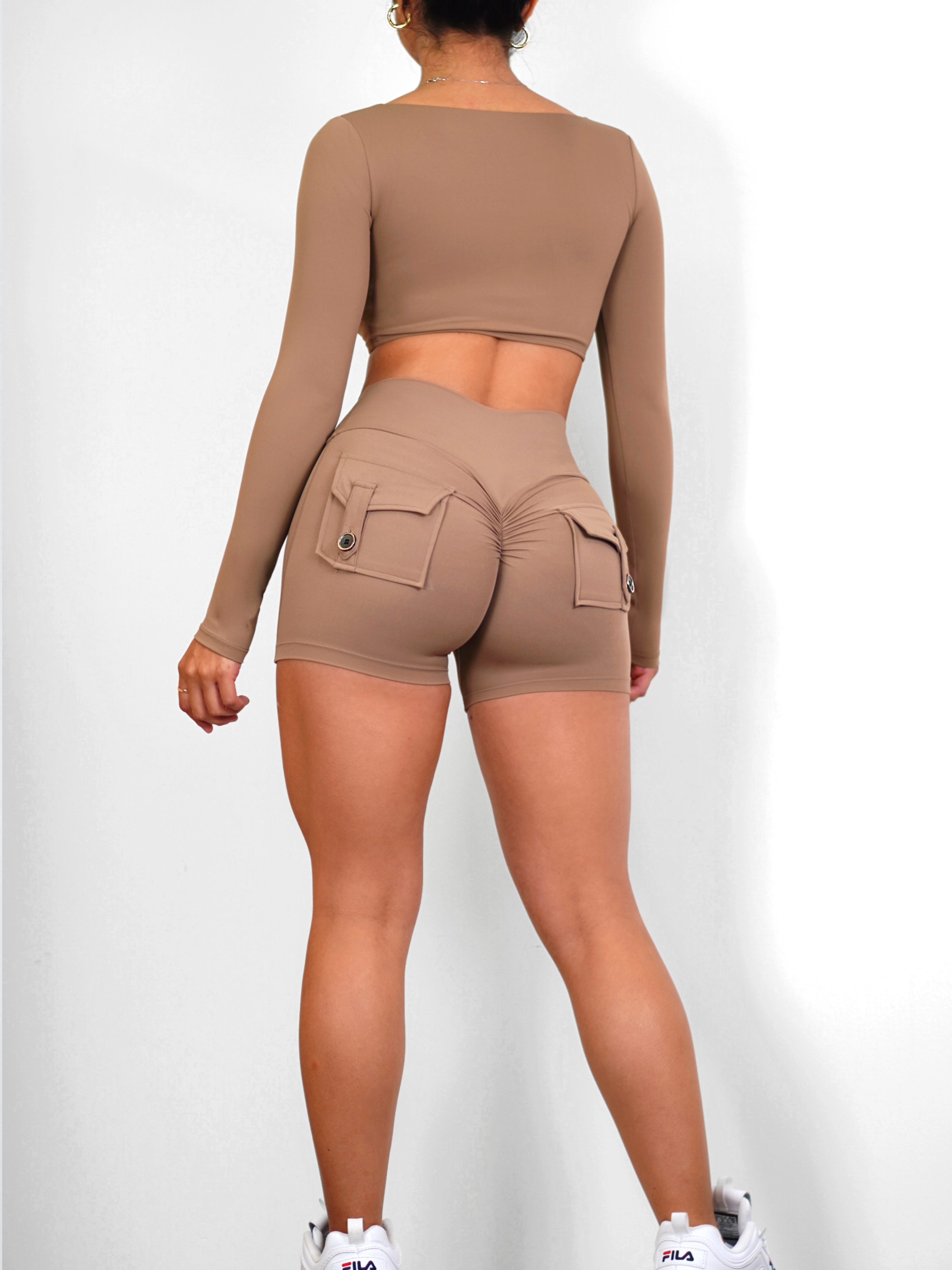 Booty Pocket Scrunch Butt Lifting Shorts for Women - Light Cocoa | High Waisted Workout Shorts for Yoga, Running & Gym | Comfortable & Stylish Activewear