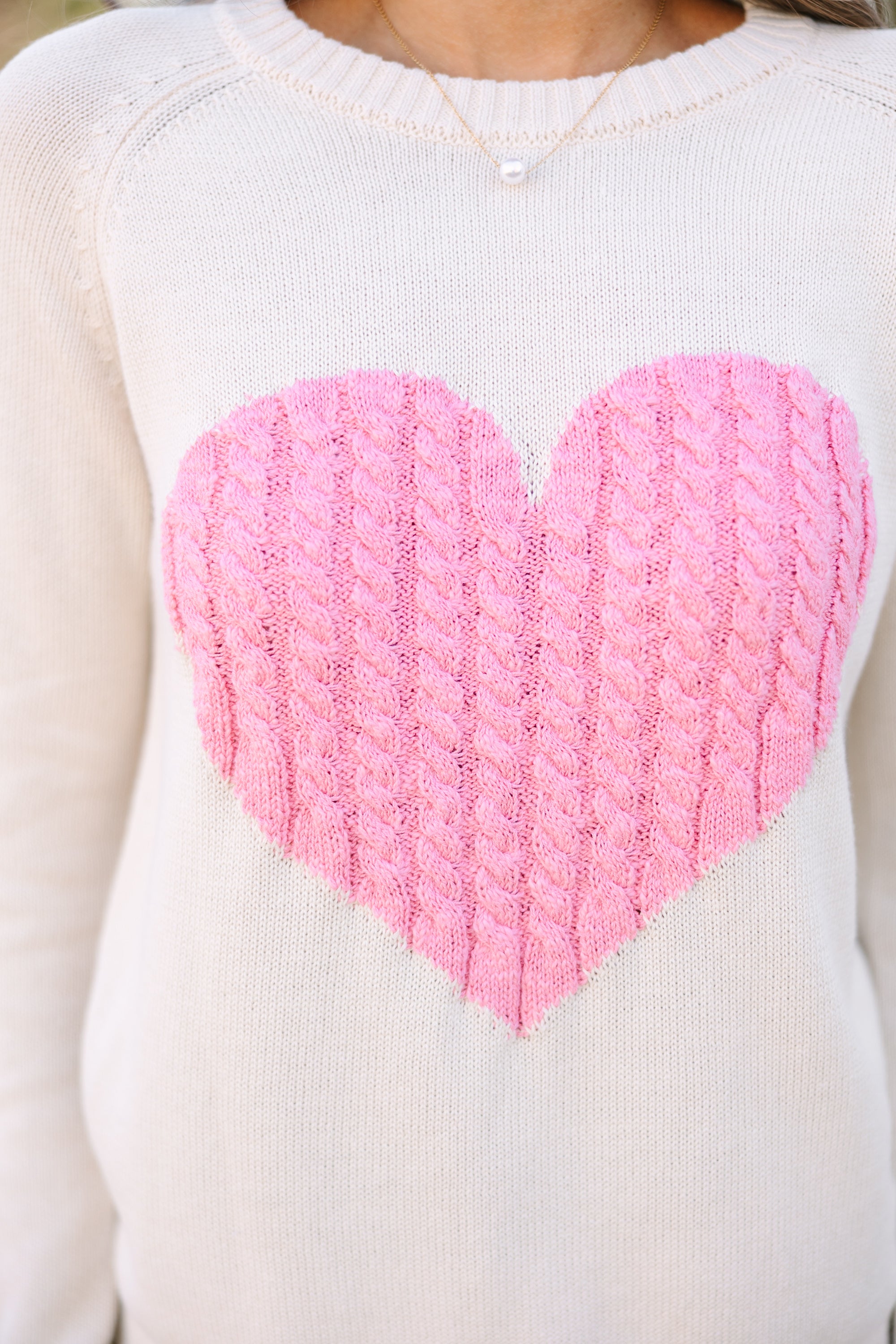 All For Love Oatmeal & Pink Heart Knit Sweater | Cozy Casual Pullover for Women | Perfect for Valentine's Day, Date Nights & Winter Outfits