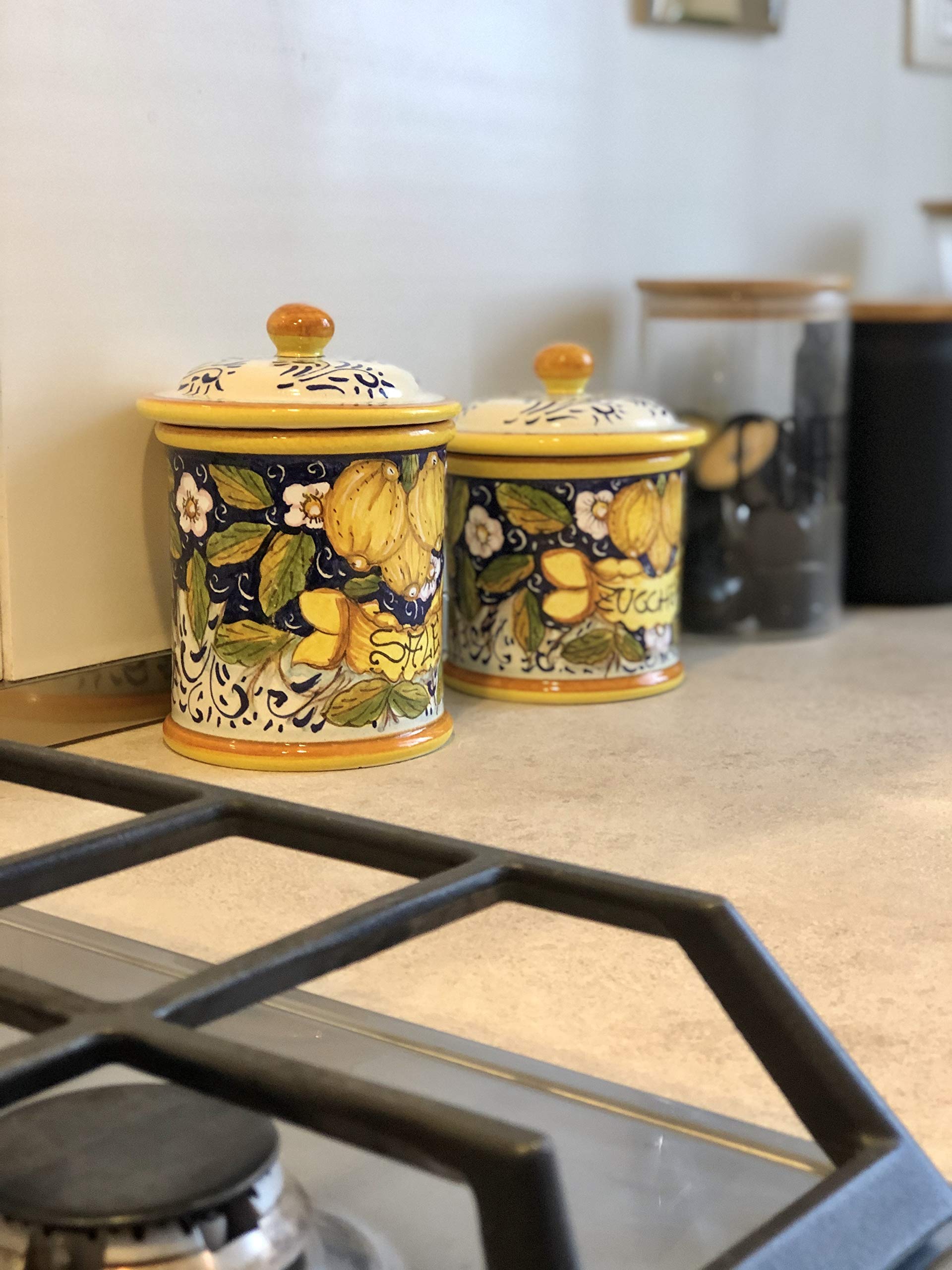 Italian Ceramic Food Storage Jars Set - Hand Painted Tuscan Lemon Design Kitchen Canisters for Salt, Sugar & Spices | Made in Italy Art Pottery for Home & Restaurant Decor