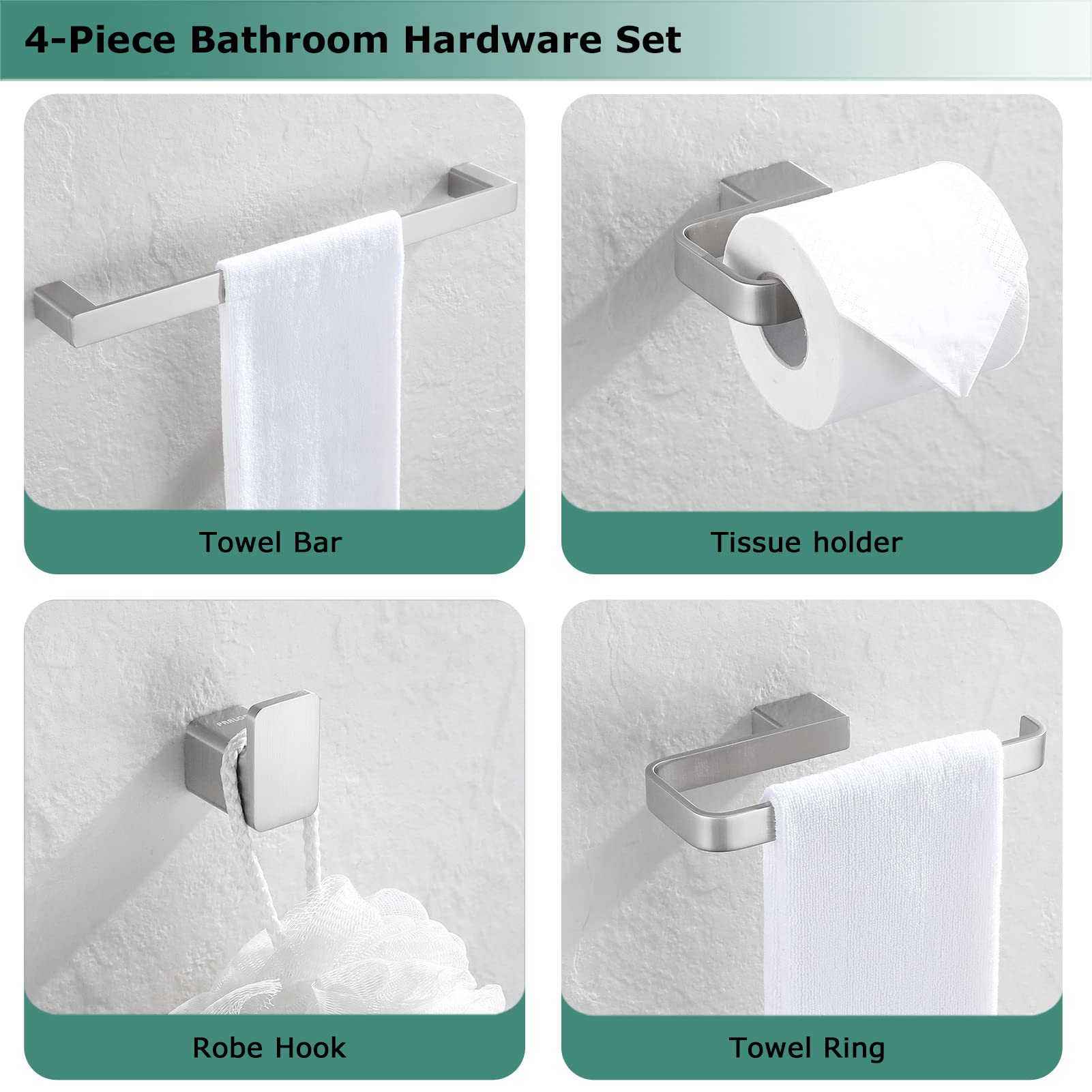 PARLOS Premium 4-Piece Bathroom Hardware Set - Brushed Nickel Finish - Includes 17