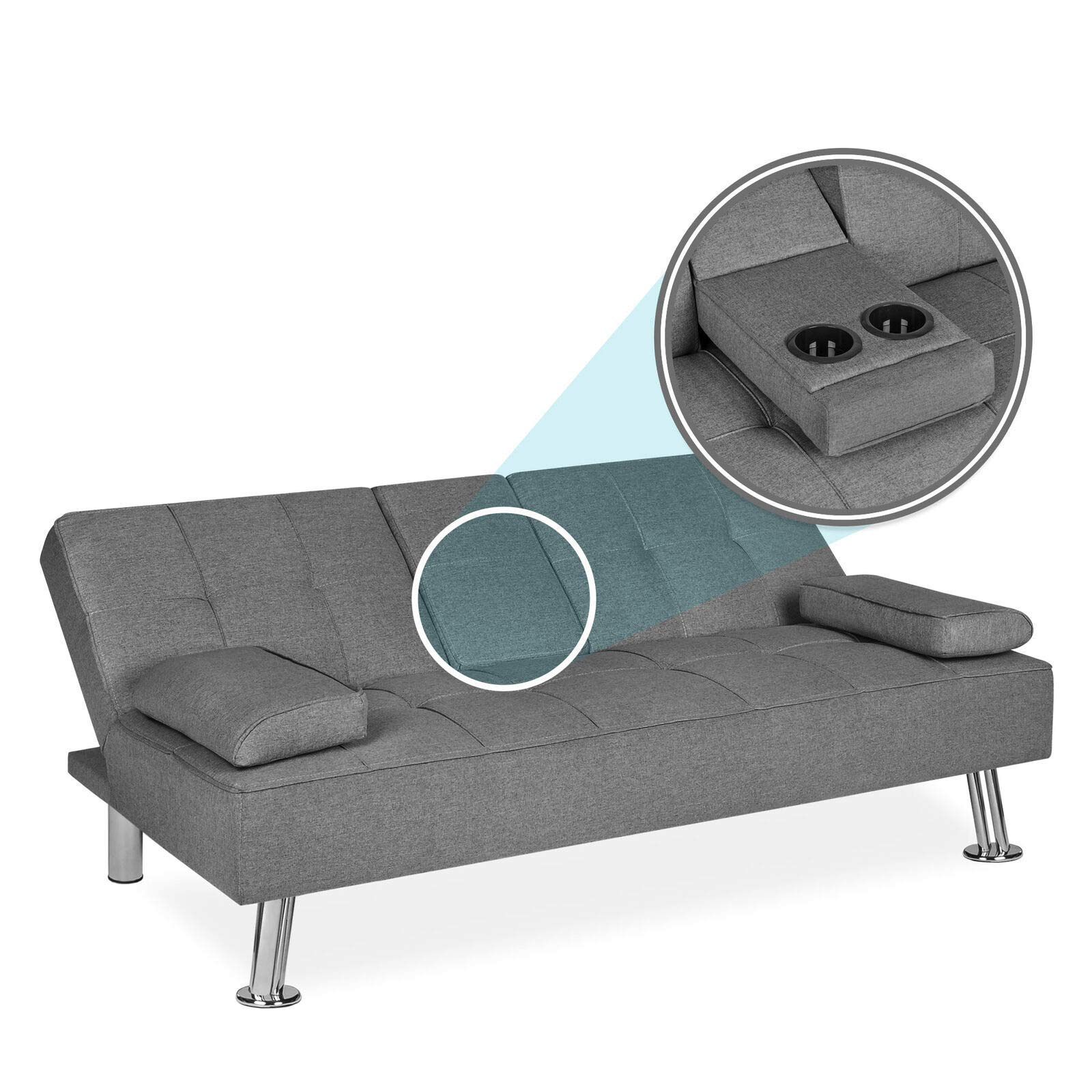Grey Linen Convertible Futon Sofa Bed with Cup Holder - Recliner Lounger Sleeper for Living Room, Bedroom & Small Spaces | Space-Saving Modern Furniture for Apartments & Studios | Multi-Functional Home Décor for Relaxing & Hosting Guests