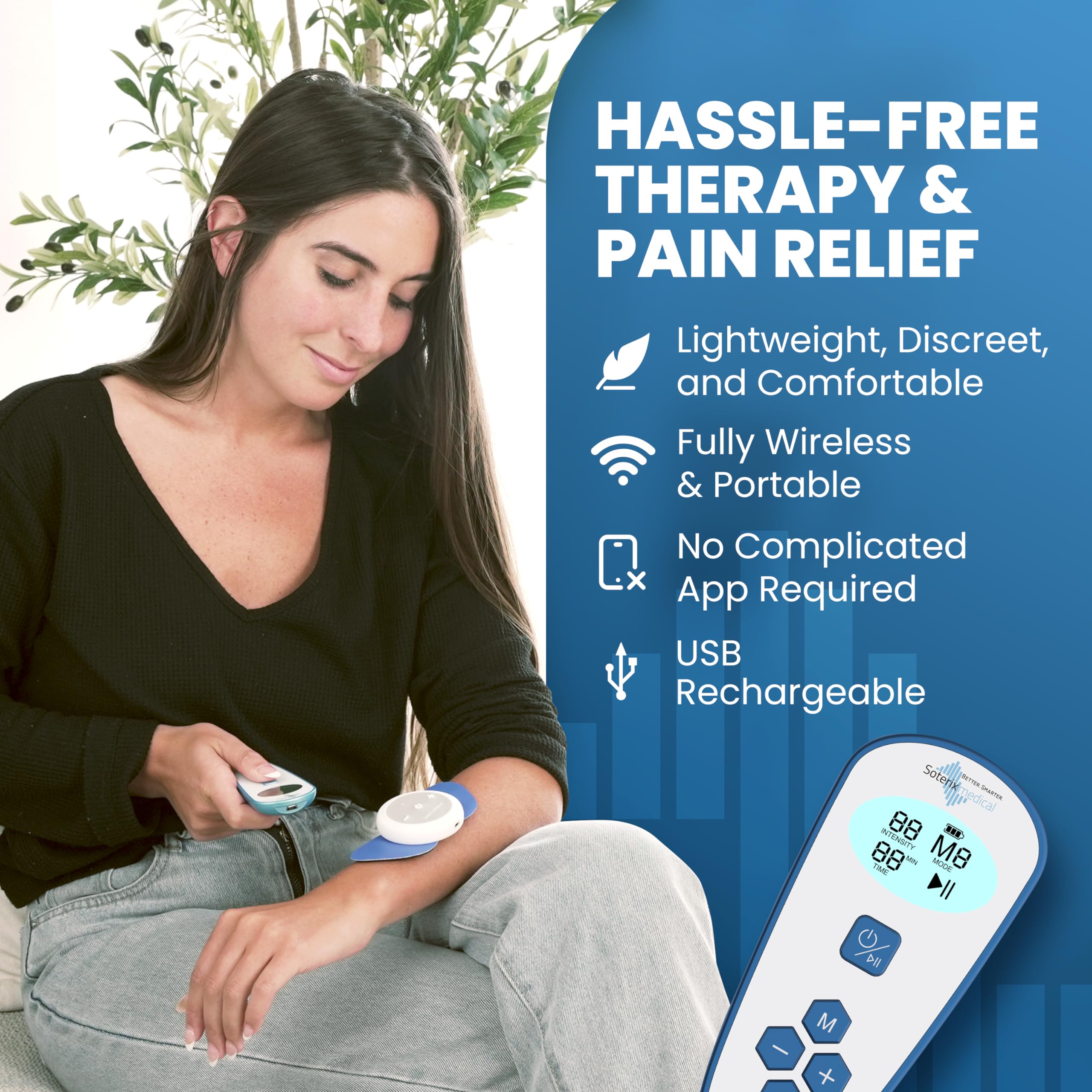 PainX Wireless TENS Unit & EMS Muscle Stimulator for Back Pain Relief - Rechargeable Electrode Pads with Remote Control for Neck, Knee, Face Pain - Portable Pain Relief Device for Home, Office & Travel Use