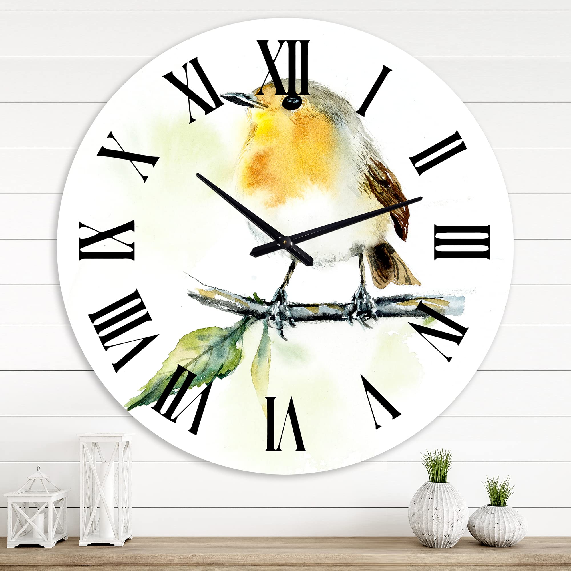 DesignQ Traditional Wall Clock - 'Little Robin Bird On A Branch' Large Decorative Clock for Living Room, Bedroom & Office | Silent Non-Ticking Home Décor | Perfect Gift for Nature Lovers