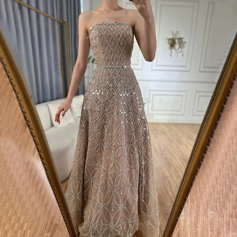 Elegant Beaded Long Evening Dresses for Women - Luxury Dubai Arabic Gray A-Line Gowns for Prom, Wedding & Formal Occasions | LA72755