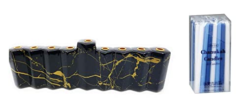 Hand Painted Ceramic Chanukah Menorah Hanukkiah - Black Faux Marble Look with 1 Box of Chanukah Candles | Jewish Holiday Decor for Hanukkah Celebrations & Home Decoration