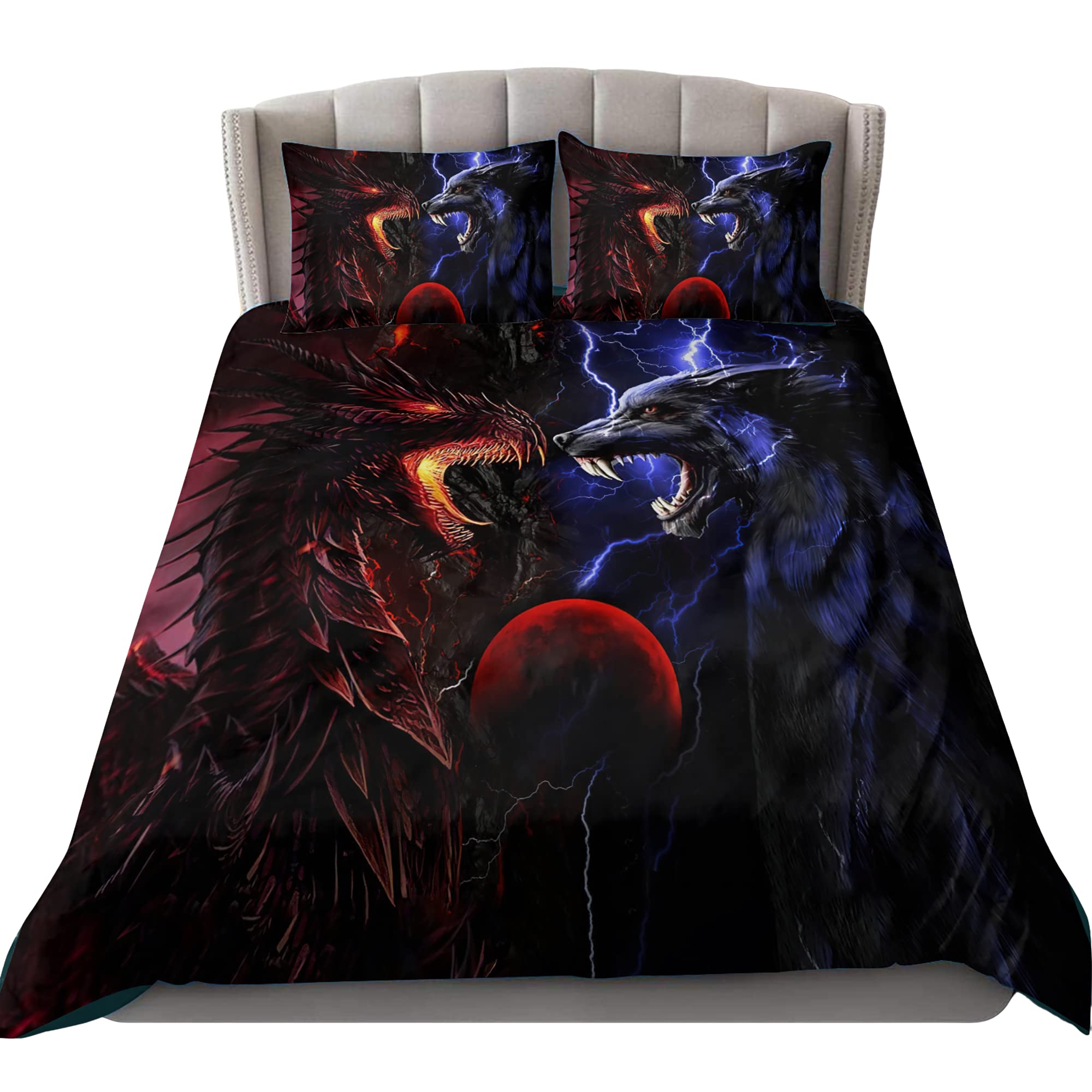 3D Dragon and Wolf Bedding Set - Full Size Comforter, Duvet Cover & Pillowcases - Red and Blue Fantasy Themed Bedroom Decor for Teens and Adults - Perfect for Gothic, Anime or Gaming Room Decor (ZDBS5817)