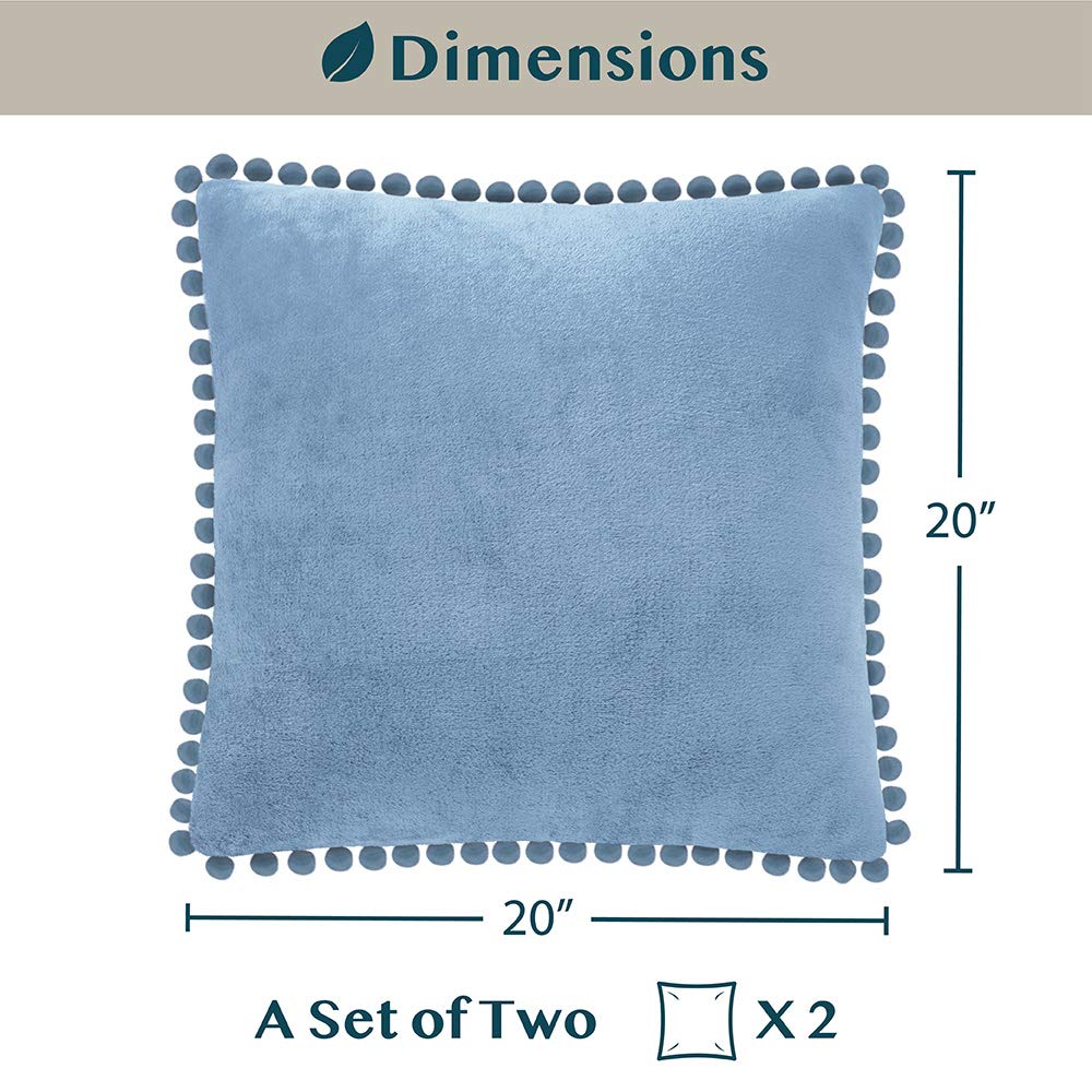 PAVILIA 20x20 Dusty Blue Velvet Throw Pillow Covers Set of 2 - Soft Euro Plush Pom Pom Decorative Cushion Covers for Sofa, Couch & Bed - Perfect for Living Room, Bedroom Aesthetic & Home Decor