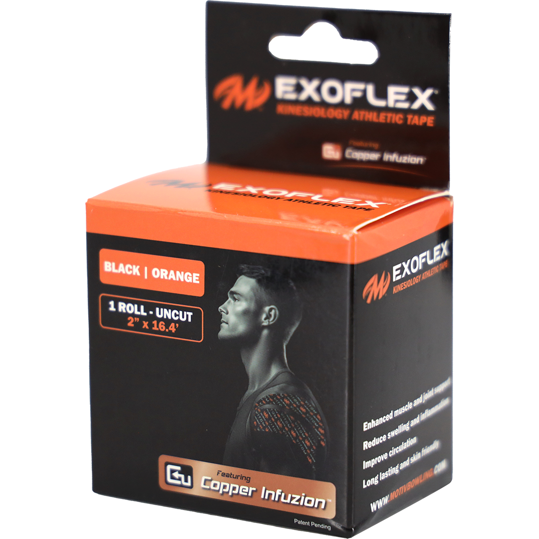 Motiv ExoFlex Kinesiology Tape Roll - Precut Athletic Sports Tape for Pain Relief & Muscle Support - Black/Orange - Ideal for Running, Gym Workouts & Physical Therapy