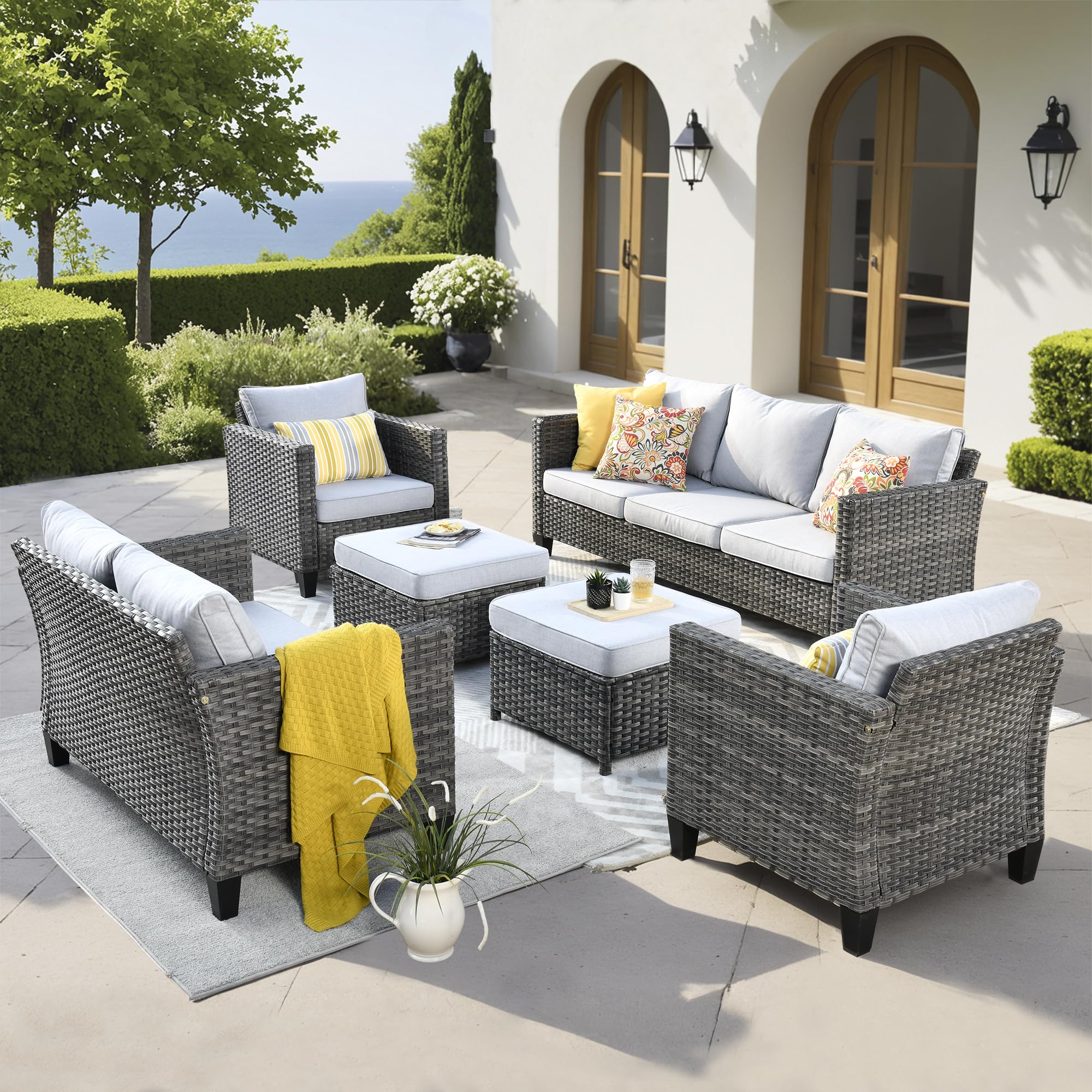 Ovios 6-Piece Patio Furniture Set - Outdoor Wicker Rattan Sofa with Loveseat, Ottomans & Weather-Resistant Cushions - High Back Conversation Set for Garden, Backyard or Poolside (Grey)
