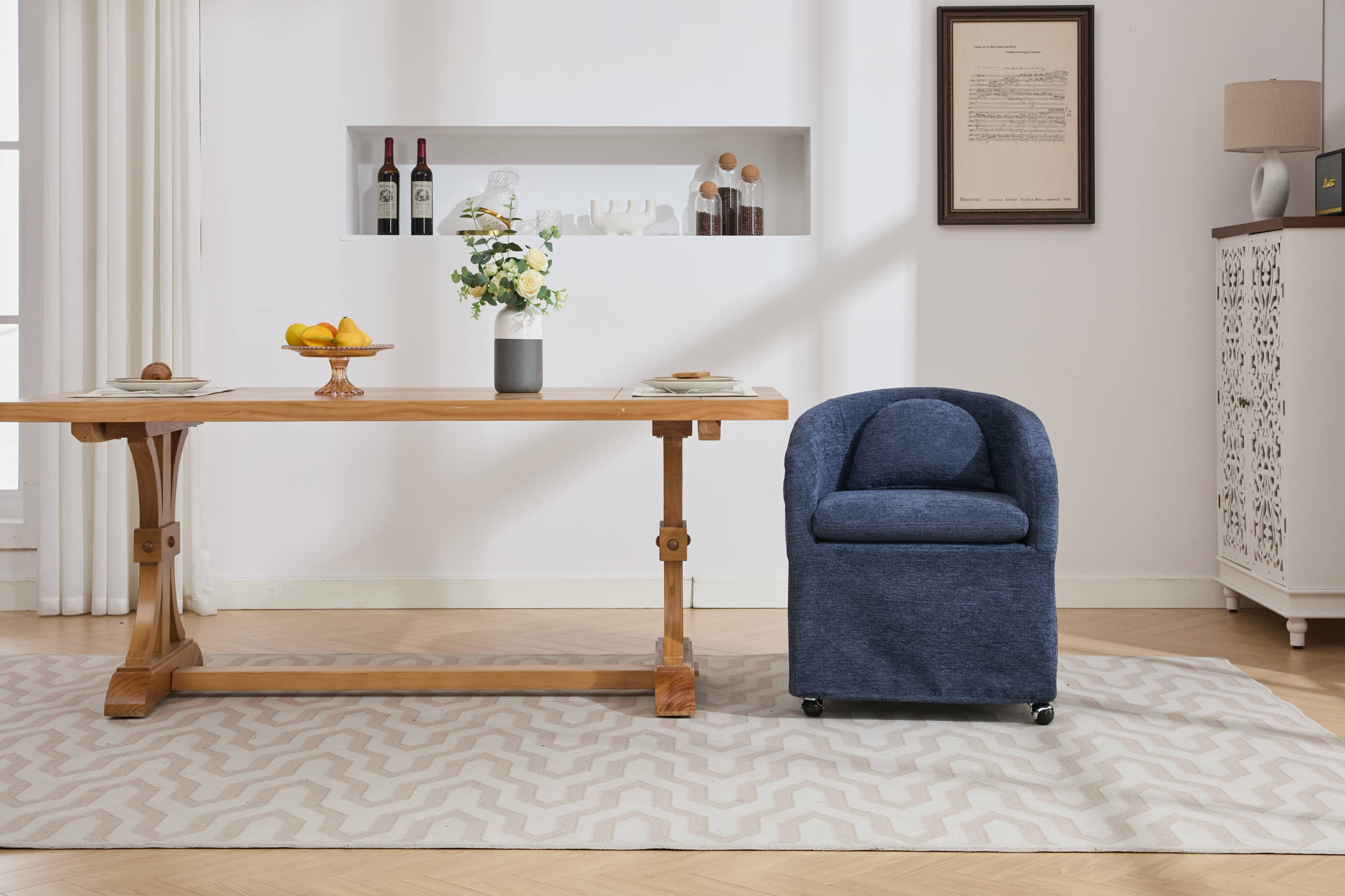 Blue Chenille Fabric Dining Armchair with Back Cushion & Universal Wheels - 1-Piece Set for Home, Office or Restaurant Use