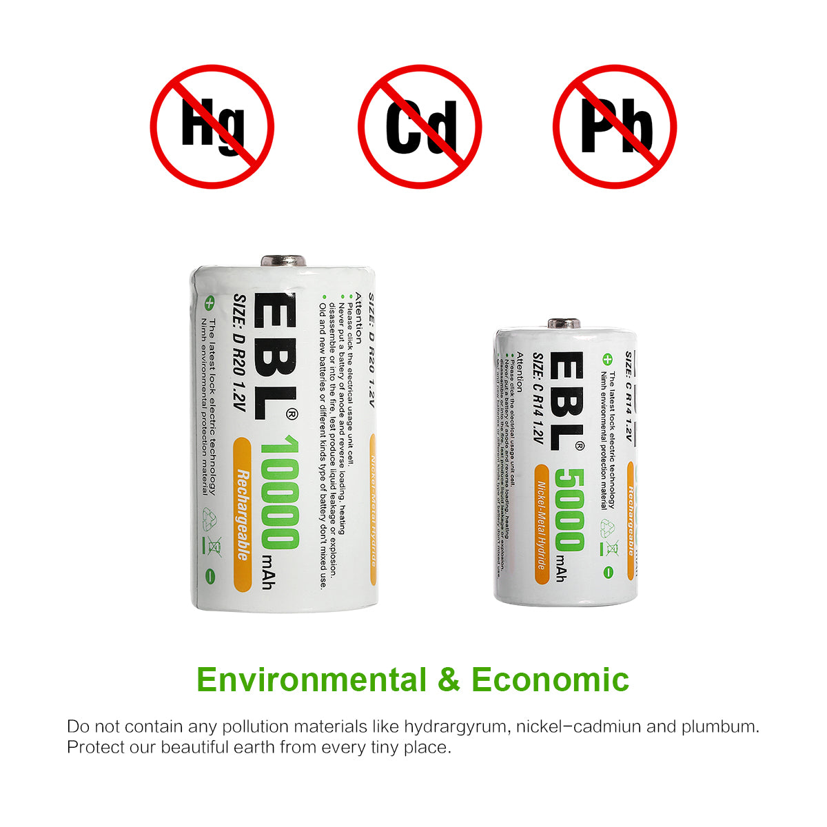 EBL Rechargeable D Batteries 10000mAh High Capacity - 4 Pack Long Lasting Power for Flashlights, Toys, Radios & Emergency Devices