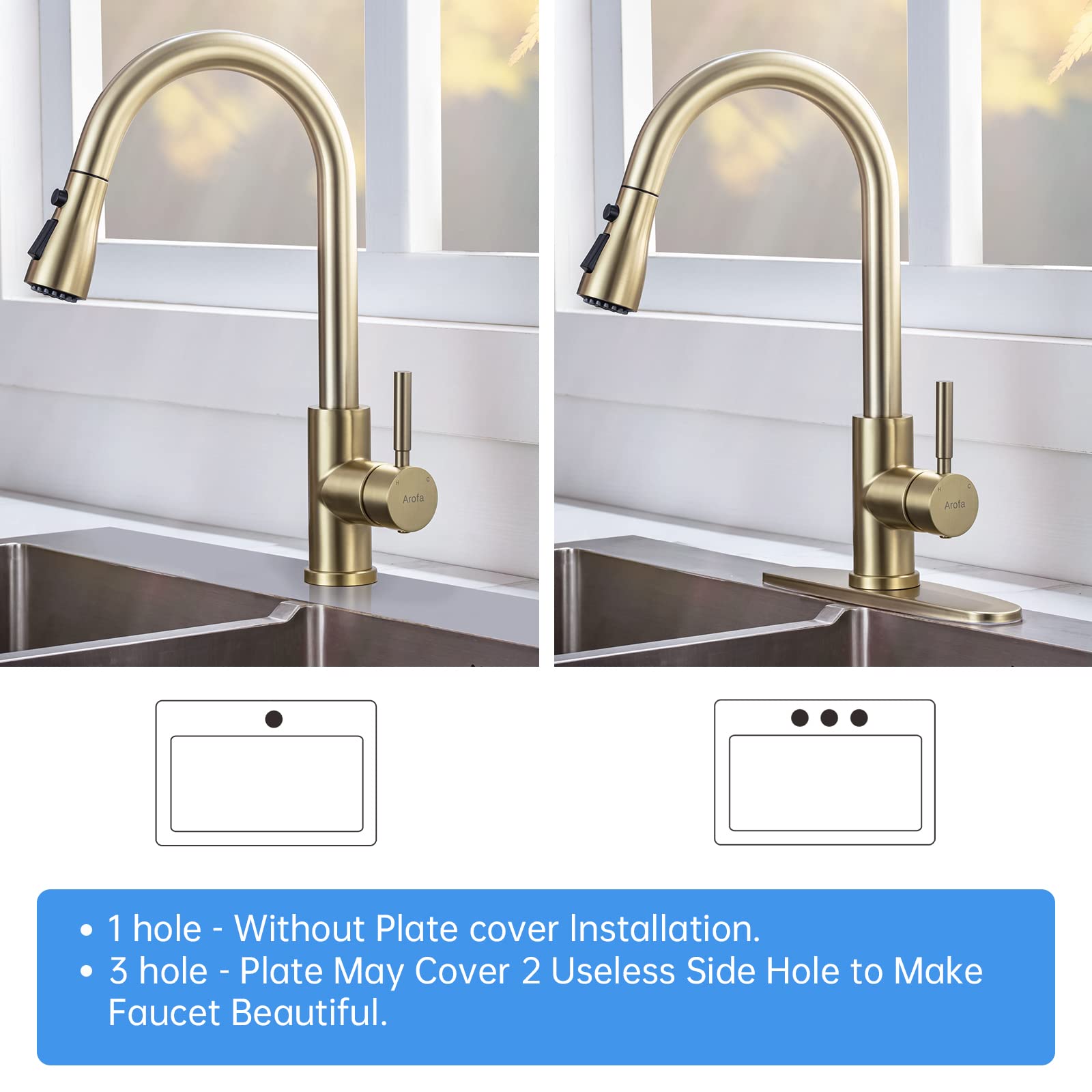 Arofa Brushed Gold Kitchen Faucet with Pull Down Sprayer - Stainless Steel Single Handle Brass Faucet for Sink - Champagne Bronze Finish with Deck Plate - Perfect for RV, Farmhouse, Bar & Laundry Sinks - Ideal for Modern Kitchens & Home Renovations