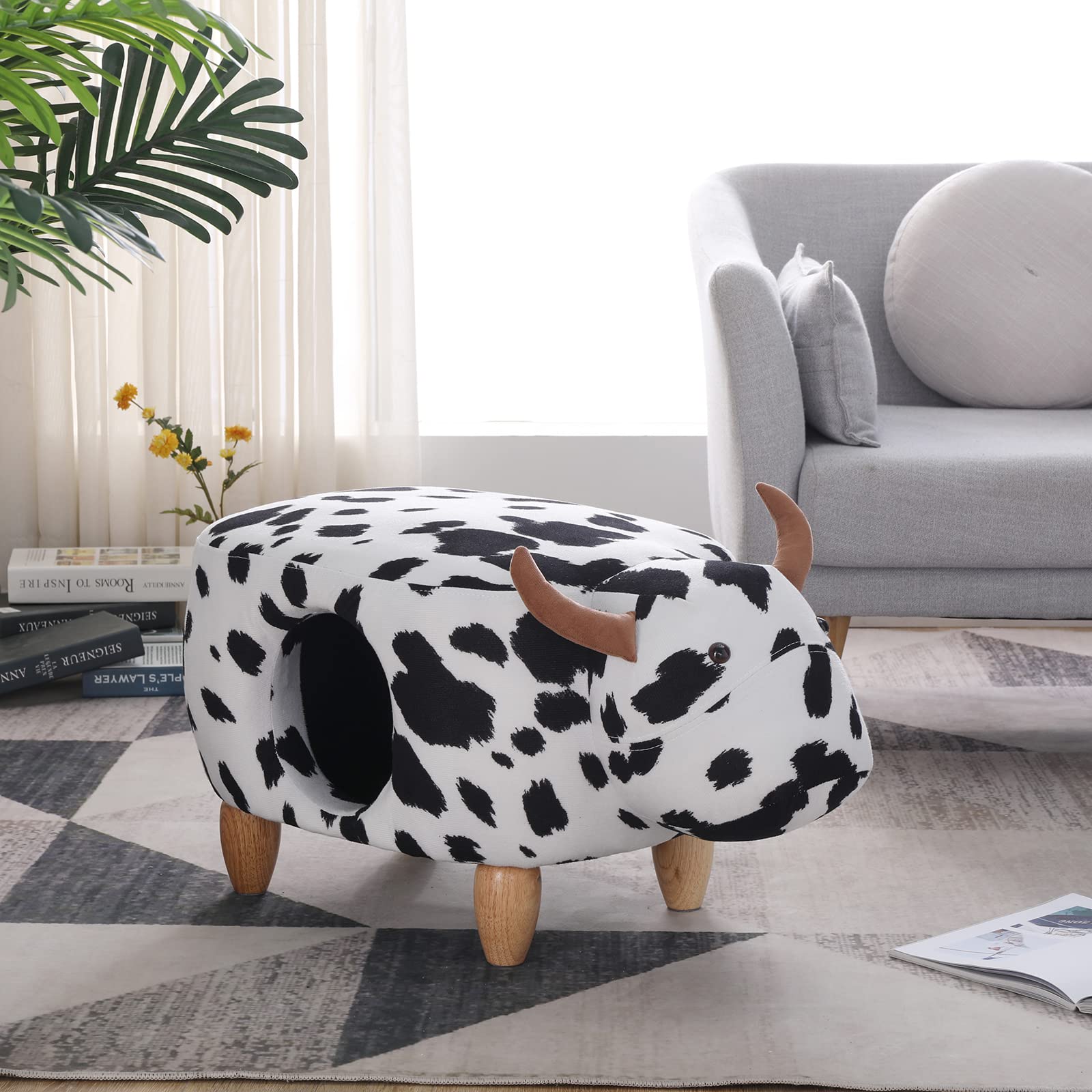 Cute Cow Upholstered Storage Ottoman - Decorative Animal Footstool for Kids Room, Wooden Accent Footrest with Storage | Perfect for Nursery, Playroom & Living Room