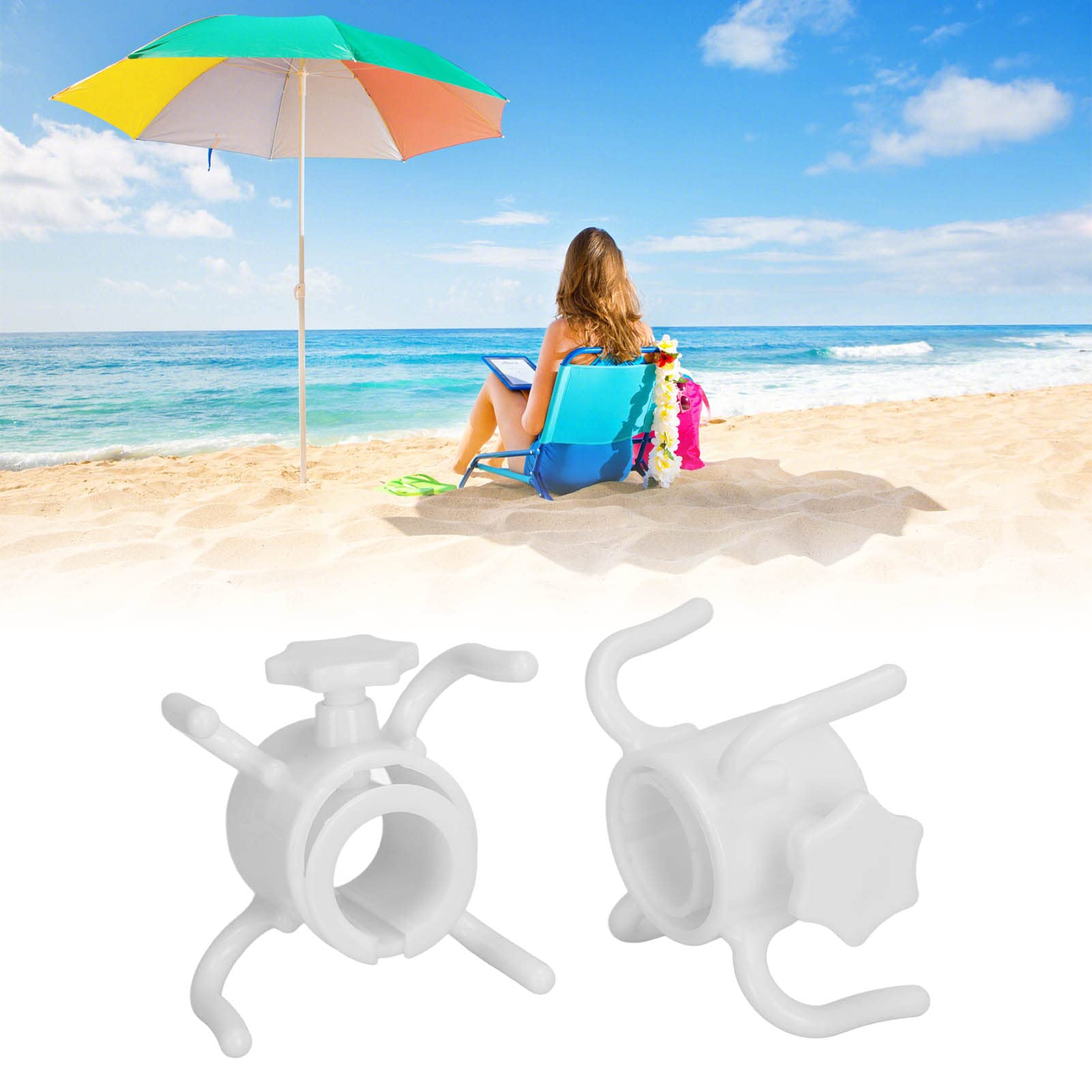2-Pack White Plastic Beach Umbrella Hanging Hook with 4 Prongs - Heavy Duty Sun Umbrella Holder for Sand, Poolside, Patio, and Outdoor Use