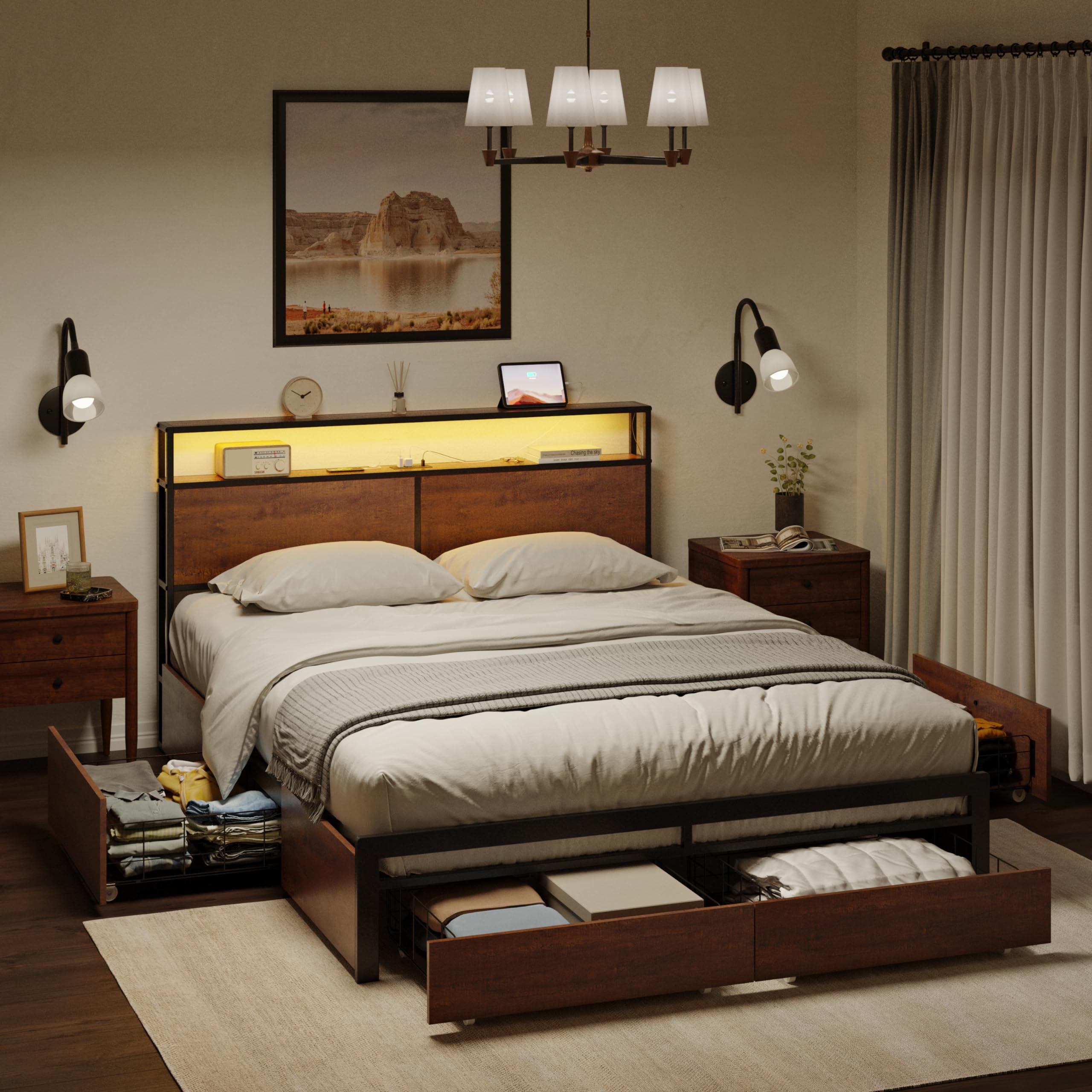 HAUSOURCE Queen Size Bed Frame with Storage Headboard, 4 Drawers & LED Lights - Sturdy Metal Platform Bed with Non-Slip Design & Quiet Mattress Foundation - No Box Spring Needed - Perfect for Small Bedrooms, Guest Rooms & Apartments