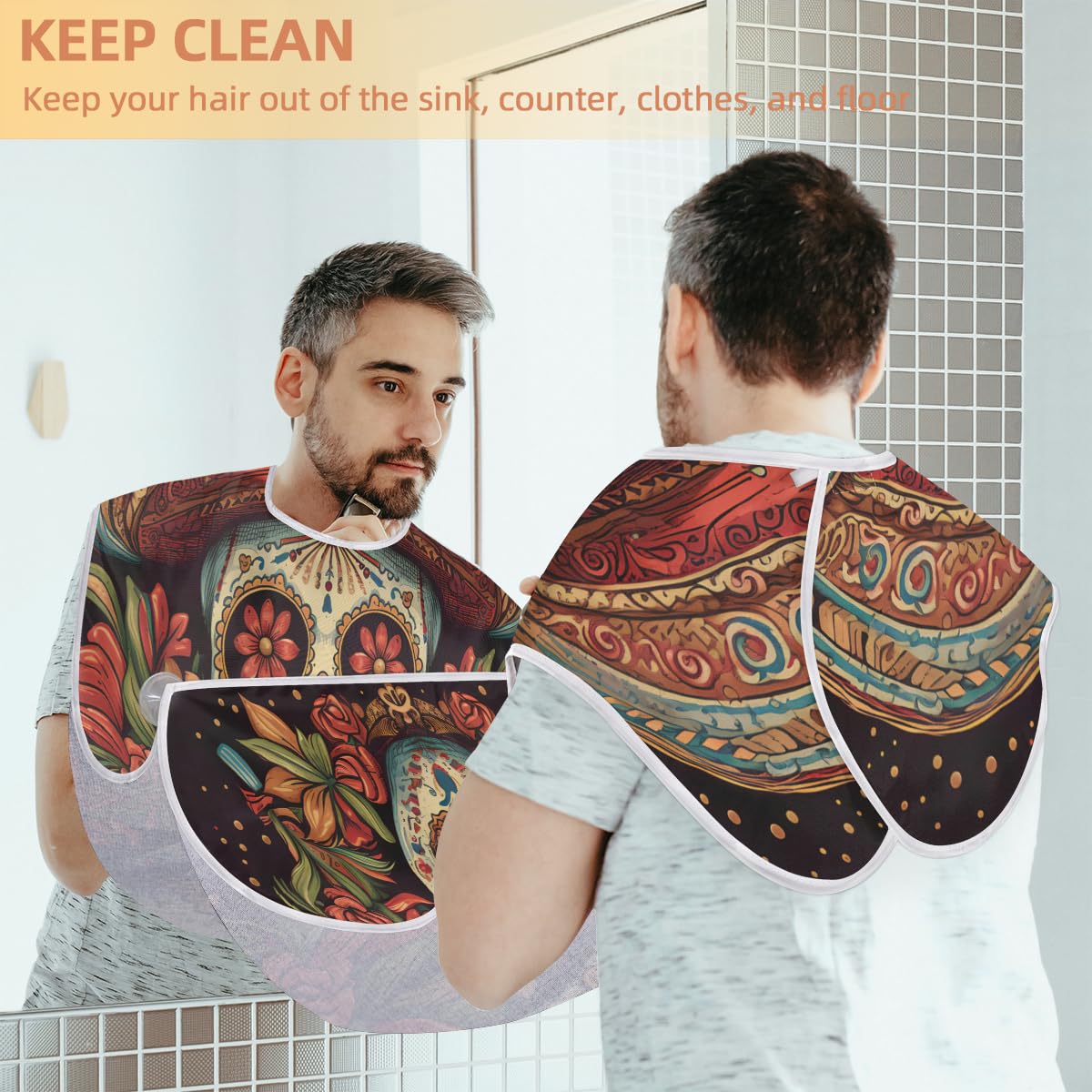 Cool Mexican Skull Beard Shaving Bib for Men - Waterproof Barber Apron for Hair Dye & Makeup, Beard Trimming & Haircut Cape - Sink Hair Catcher & Grooming Accessory - Perfect for Barbershops, Home Grooming & Halloween Costumes