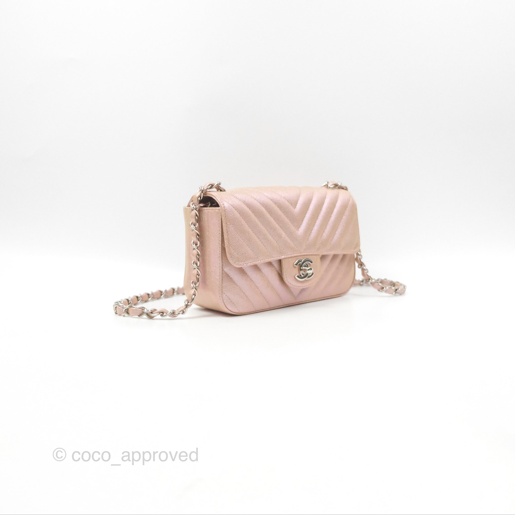 Chanel Chevron Mini Rectangular Flap Bag in Iridescent Rose Gold Caviar Leather with Ruthenium Hardware - Perfect for Evening Events & Luxury Fashion Accessories
