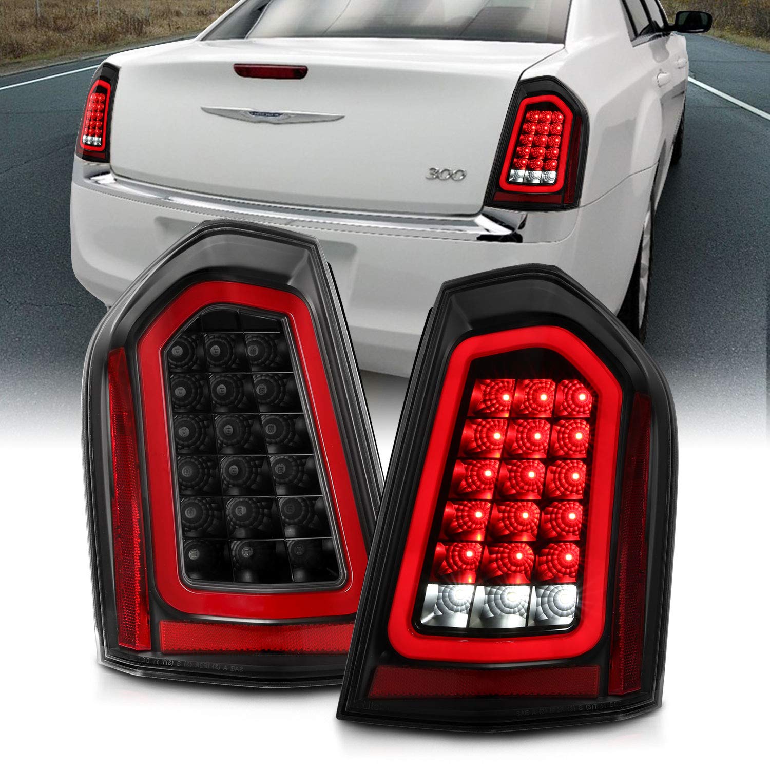 AmeriLite Black Full LED Sequential Turn Signal Tail Lights - Clear Lens Red Tube for 2011-2014 Chrysler 300 (Pair, Left & Right Side) - Upgrade Your Car's Style & Safety for Night Driving & Custom Look