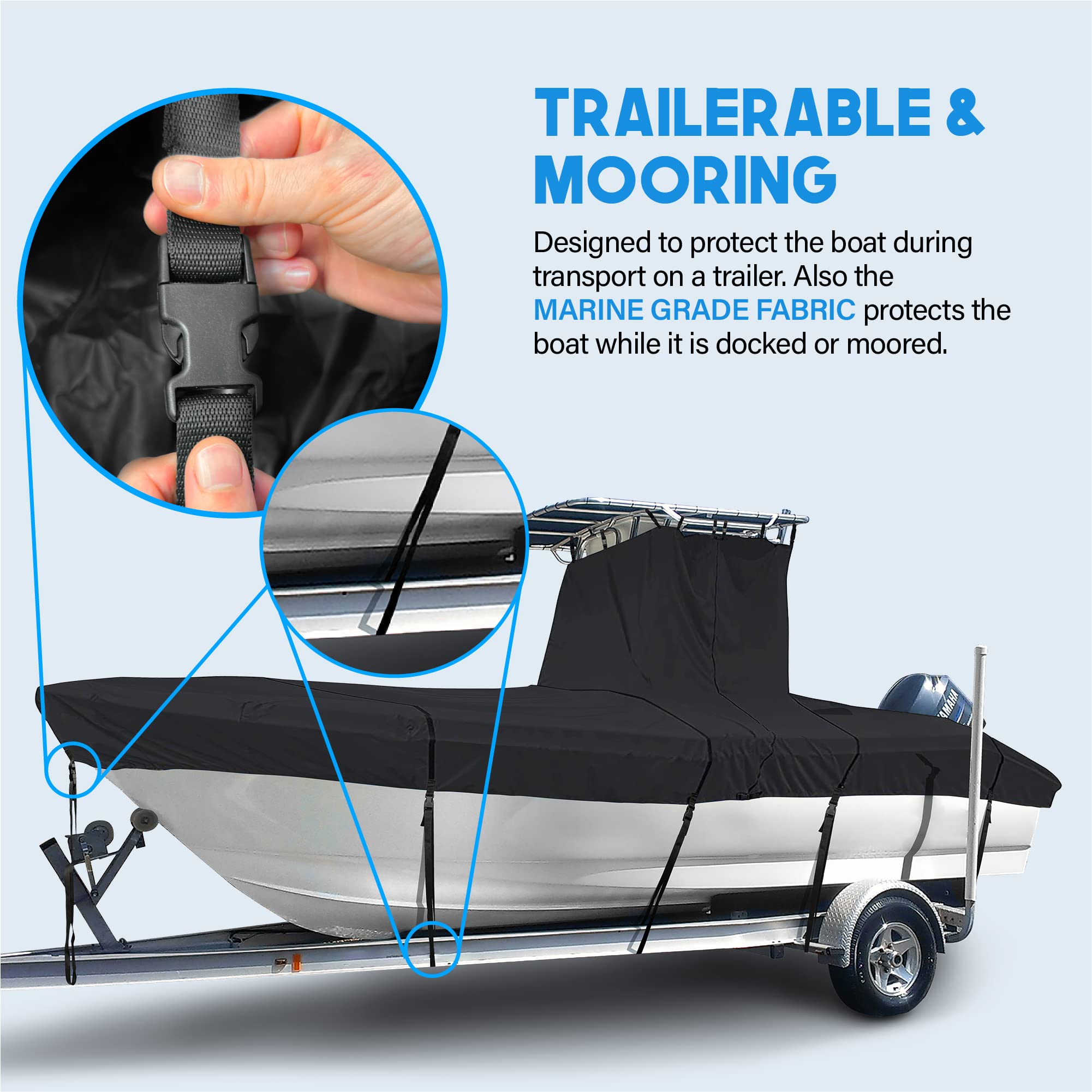 NEH T-Top Boat Cover 17-19ft - Heavy Duty Waterproof Marine Fabric, UV Fade & Rip Resistant, Trailerable Hard Top Center Console Protection - Perfect for Saltwater Fishing & Coastal Boating (Black)