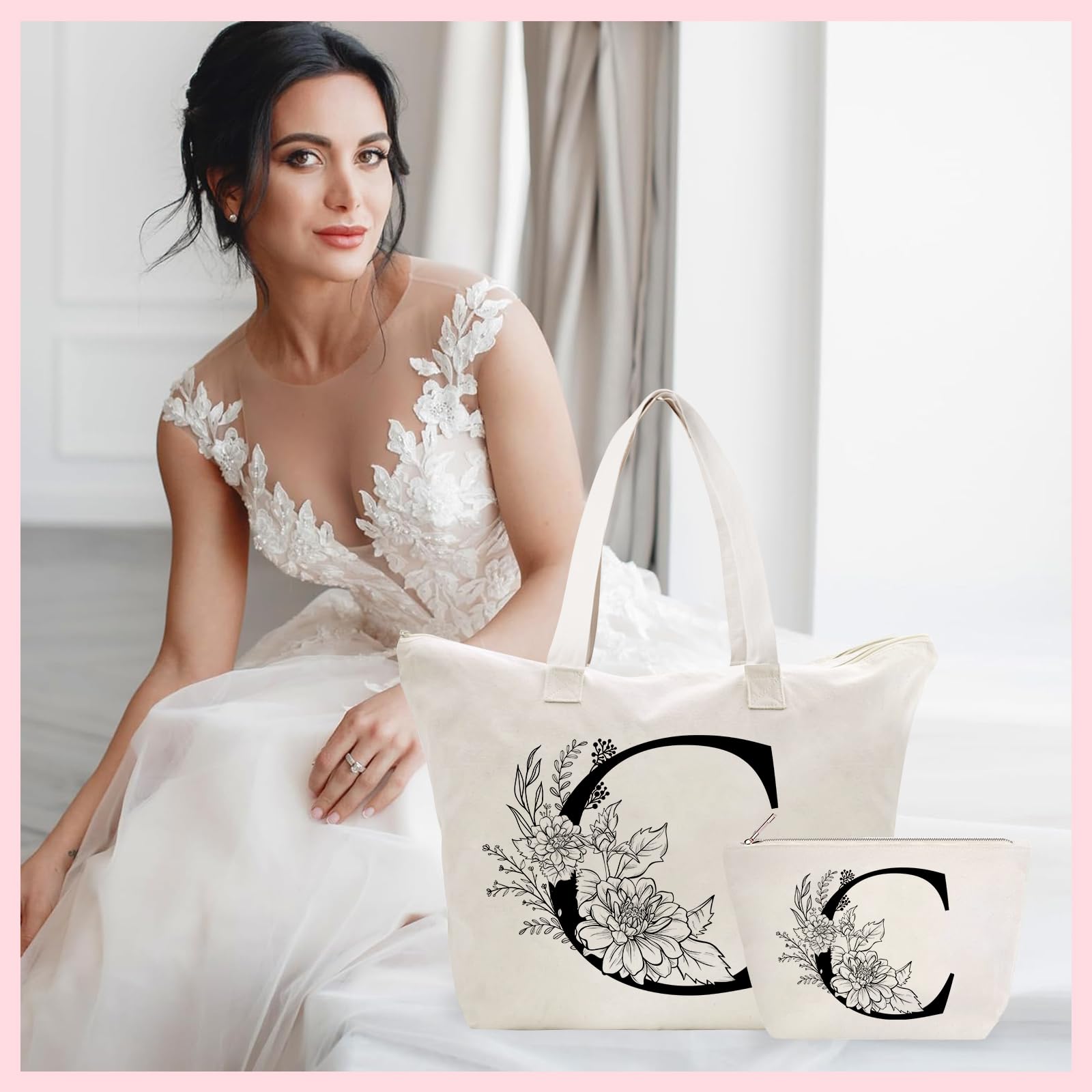 Personalized Initial Canvas Tote Bag for Women - Cotton Reusable Shopping & Cosmetic Bag - Perfect Gift for Friends, Colleagues, Moms - Birthday, Wedding & Christmas Present - Great for Shopping, Travel & Daily Use