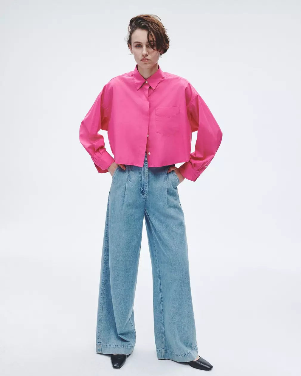 Beatrice Women's Cotton Poplin Crop Shirt - Bright Pink Short Sleeve Blouse for Summer, Casual Wear & Beach Outfits
