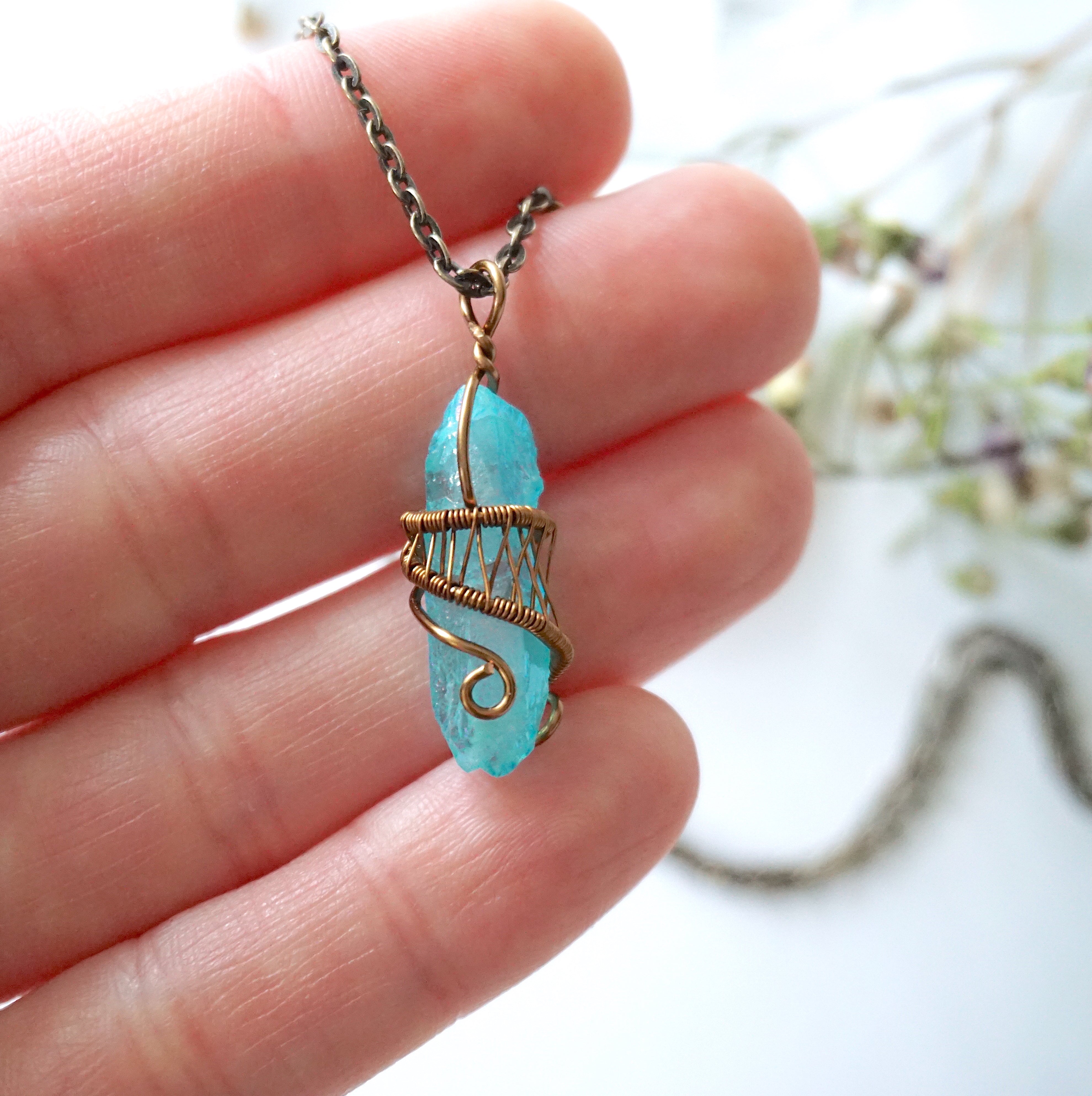 Aqua Aura Quartz Necklace - Healing Crystal Point Pendant with Antique Bronze Chain | Spiritual Jewelry for Meditation, Energy Cleansing & Chakra Balancing
