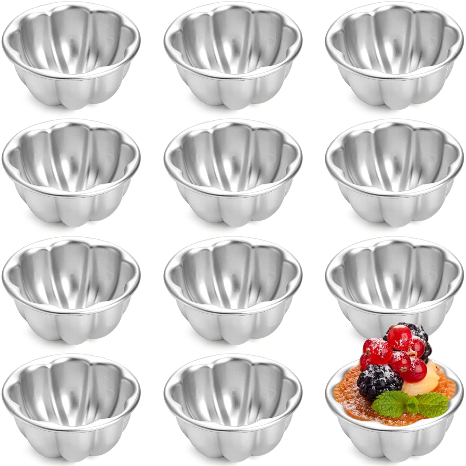 12 Pack Aluminum Alloy Egg Tart Molds - Reusable Flower Shaped Baking Cups for Tarts, Pudding, Jelly, Cupcakes & Muffins - Non-Stick & Durable for Home Baking & Party Desserts