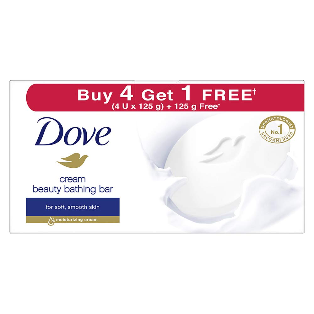 Dove Cream Beauty Bathing Bar (Pack of 5) 125g Each - 24 Hour Nourished Skin with ¼ Moisturizing Cream & Nutrient Serum - Gentle Cleansing for Dry & Sensitive Skin - Perfect for Daily Shower & Spa Relaxation