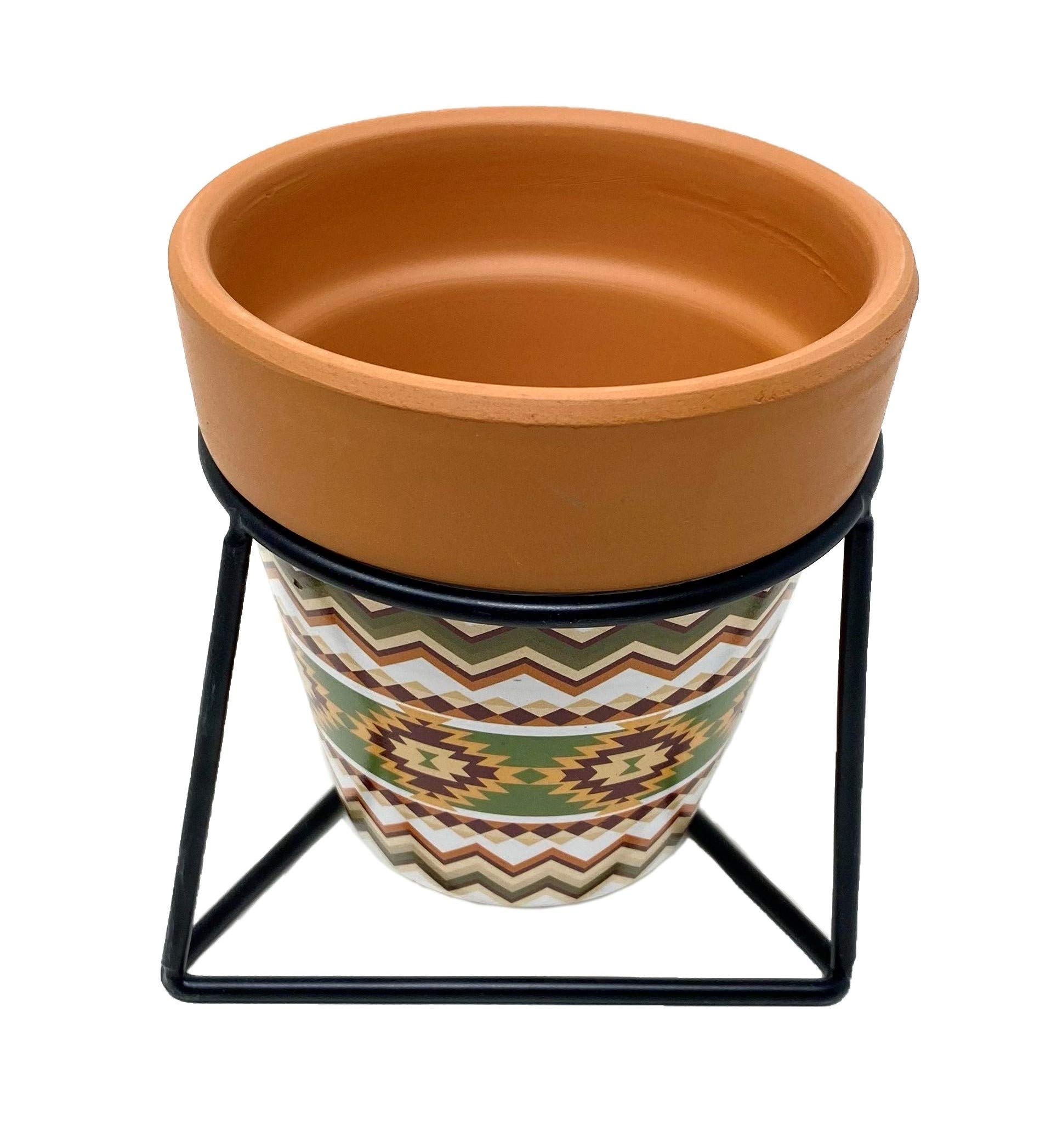 TJ Global Succulent Cactus Planter - Tribal Print Terracotta Pot with Iron Stand | Small Indoor Plant Pot with Drainage Hole | Perfect for Home, Office Desk & Garden Decor | Triangle Base Holder for Stylish Plant Display