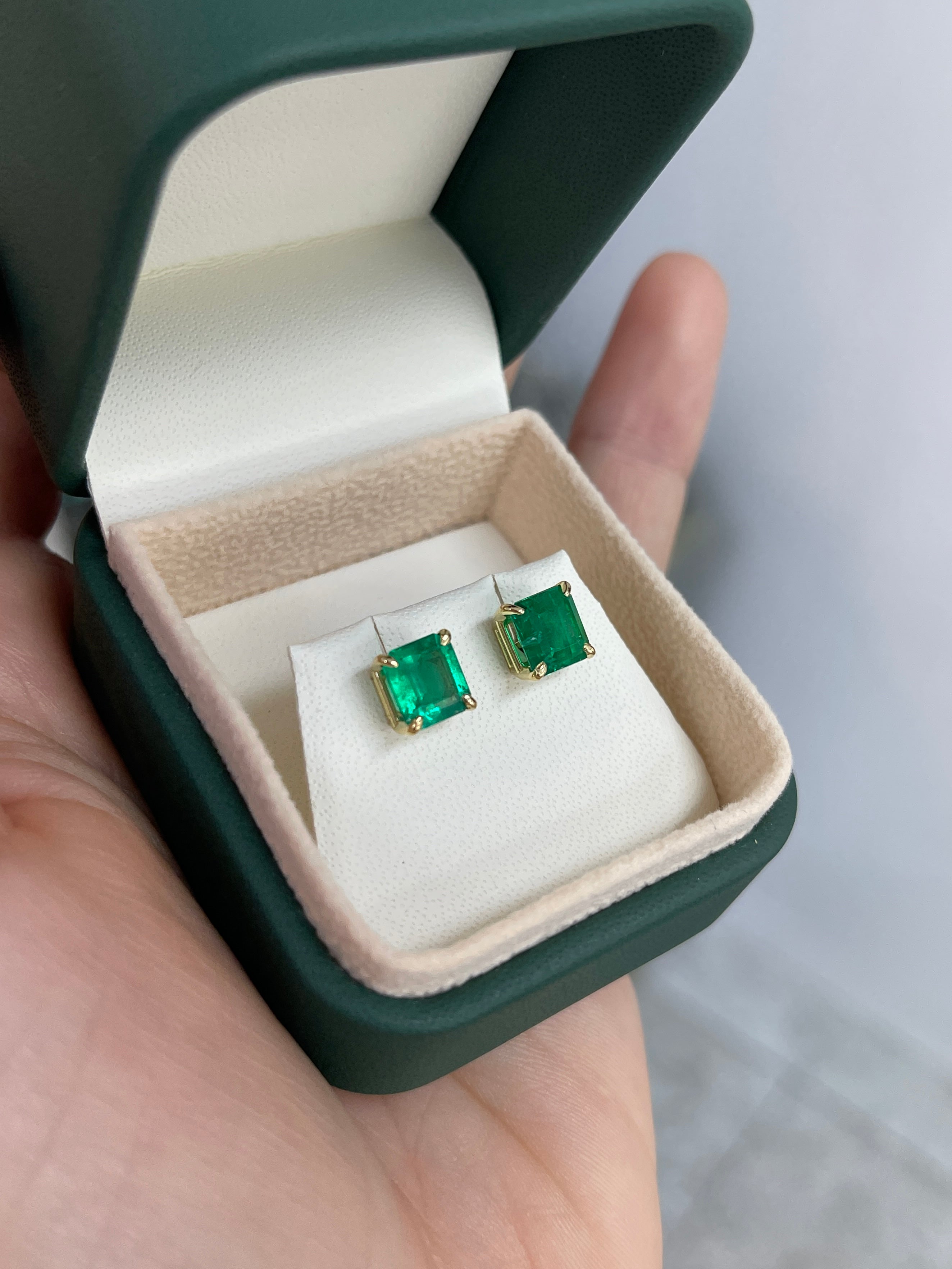 3.18tcw 7x7 AAA+ Muzo Green Asscher Cut Colombian Emerald Stud Earrings in 18K Gold - Perfect for Weddings, Anniversaries & Special Occasions