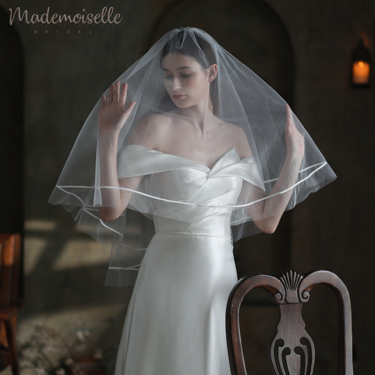Elena Veil - Elegant Bridal Wedding Veil with Lace Trim for Church Ceremony & Photo Shoots