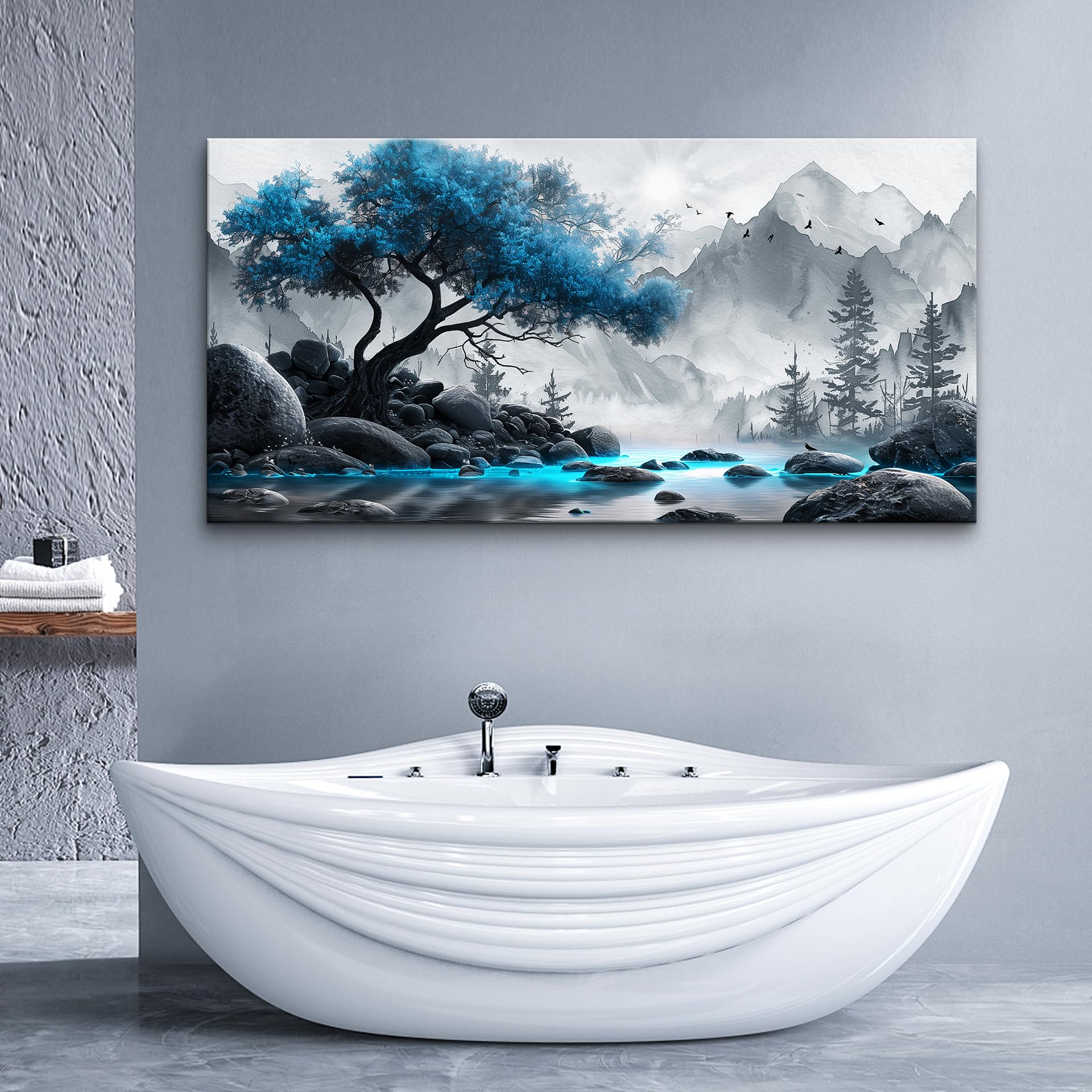 Lapremoly Large Canvas Wall Art - Black and White Blue Tree Landscape Painting for Living Room, Bedroom, Office & Hotel Decor | Modern Home Wall Decorations & Posters