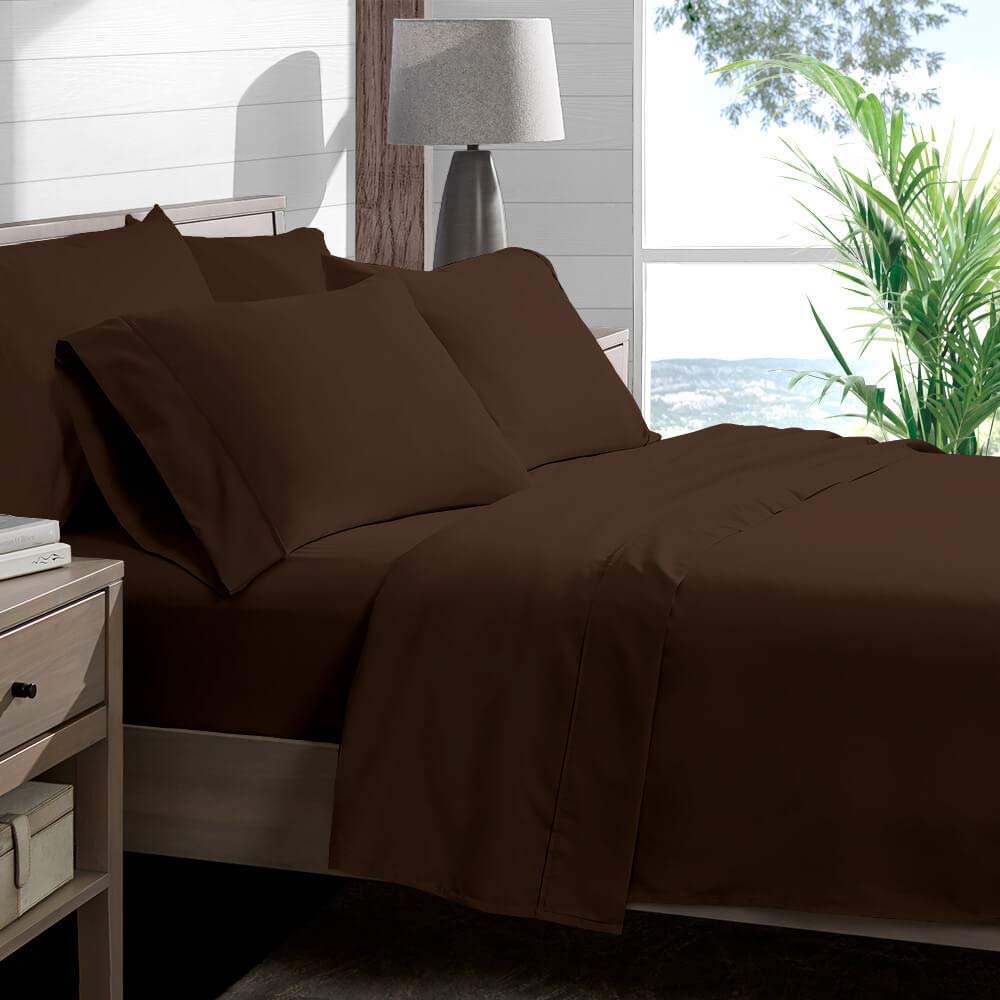 Premium 7-Piece Organic Cotton Sheet Set - 800 Series Solid Chocolate Twin Size | Deep Pocket Fits Up to 19