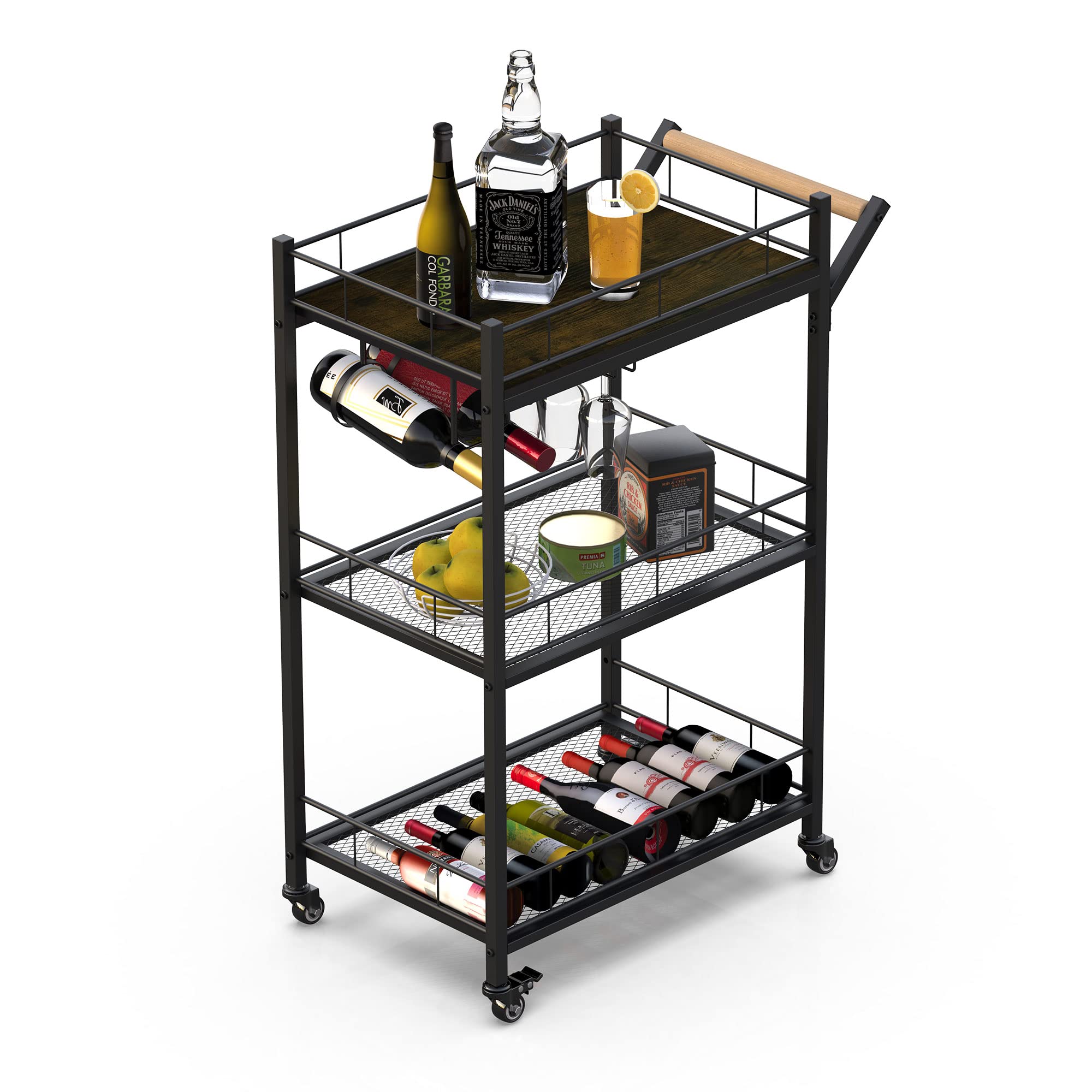 3-Tier Rolling Kitchen Island Cart with Lockable Wheels & Wood Tabletop - Sturdy Metal Frame Storage Cart for Home, Dining Room, Office - Perfect for Small Space Organization & Mobile Cooking Station (Black)