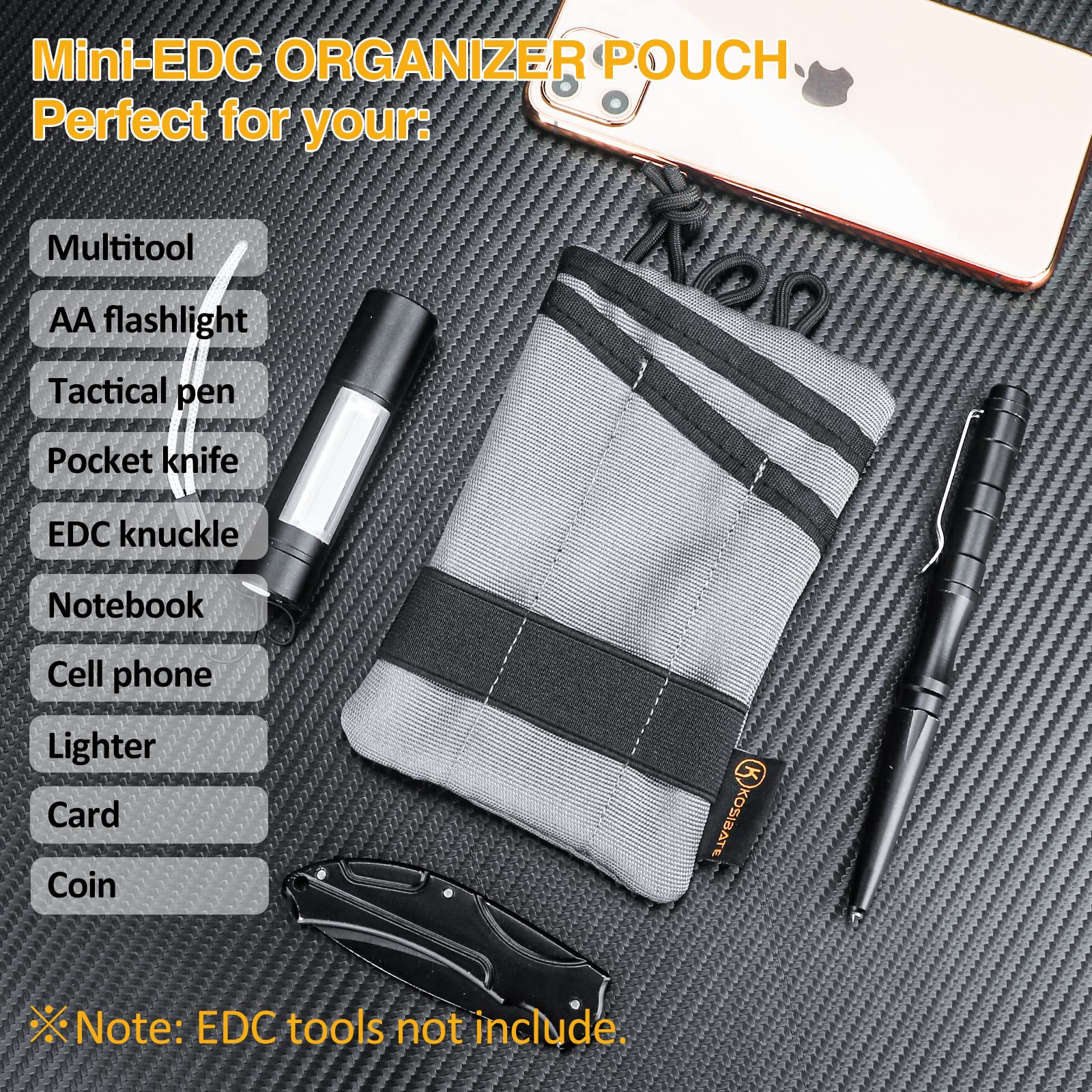 Kosibate EDC Pouch - Slim Everyday Carry Storage Organizer for Men, Mini Tool Pouch (Gray) - Perfect for Camping, Hiking, Travel & Daily Essentials