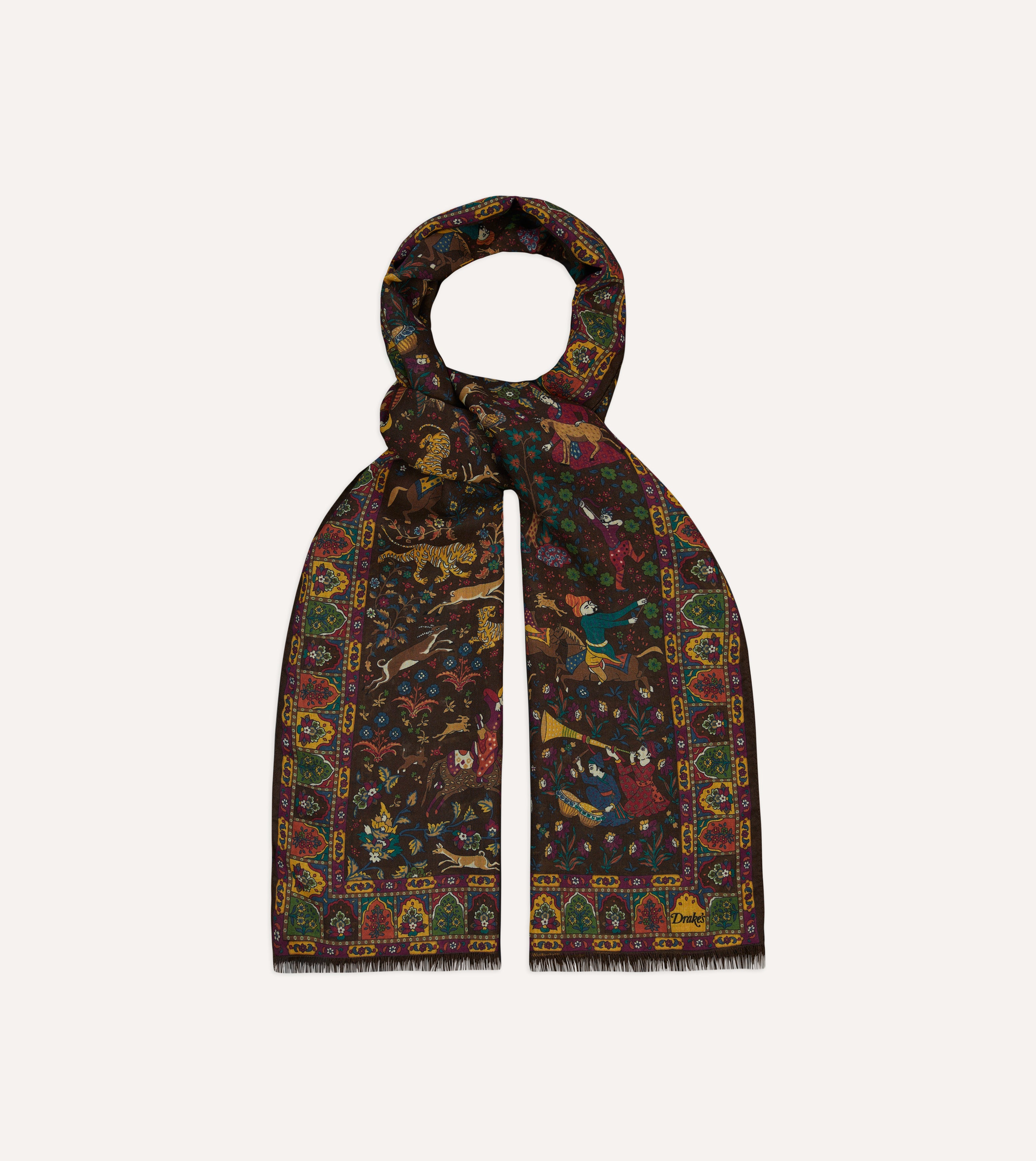 Luxury Brown Mughal Hunter Print Wool Silk Scarf - Elegant Winter Fashion Accessory for Women, Perfect for Office, Parties & Special Occasions