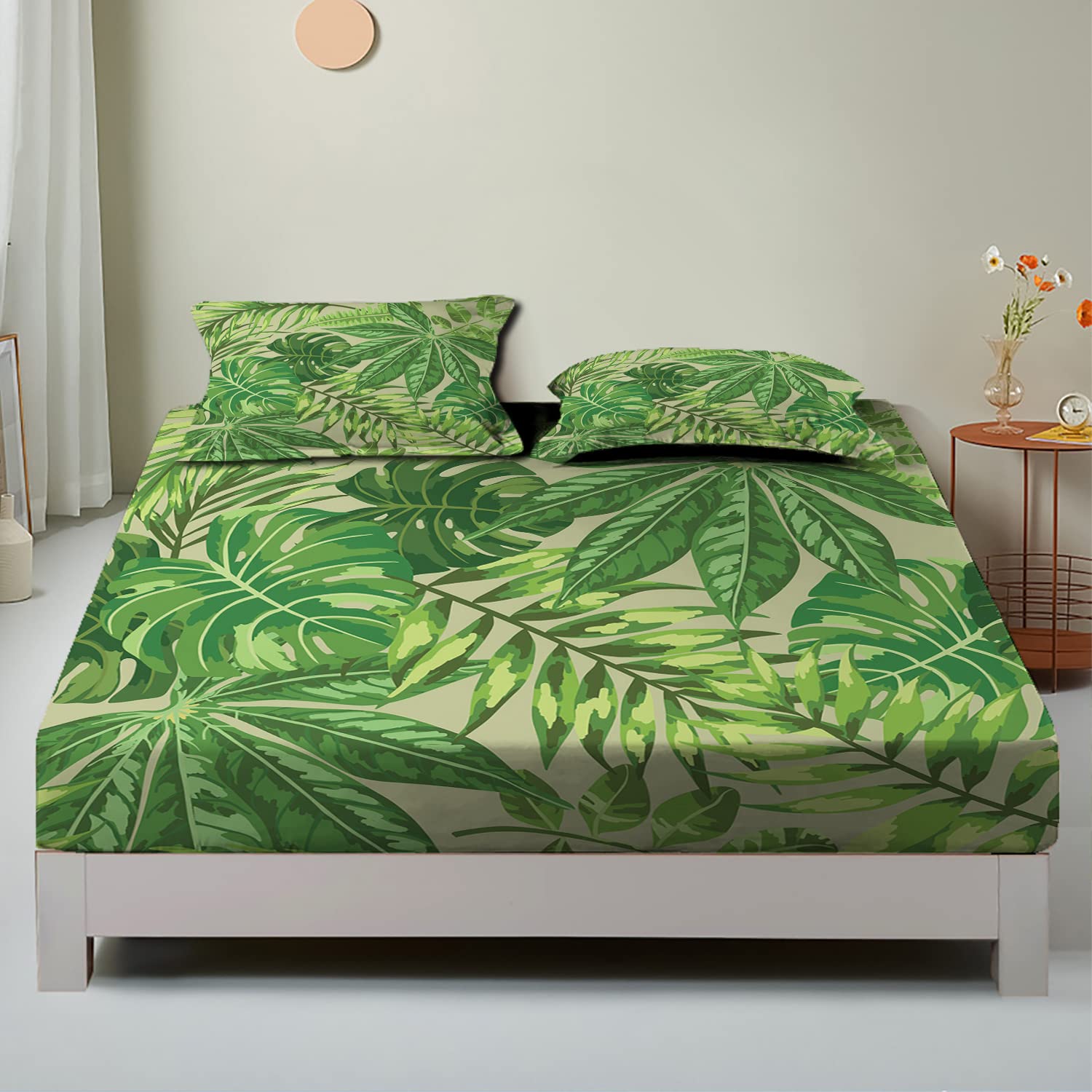 Green Leaf Theme Twin/Twin XL Fitted Bed Sheets - Fresh Jungle Aloha Pattern Printed 2-Piece Bedding Set | Ultra Soft & Breathable Fabric | Perfect Fit for Mattress (Apple Green) | Ideal for Tropical Bedroom Decor, Vacation Homes & Boho Chic Style