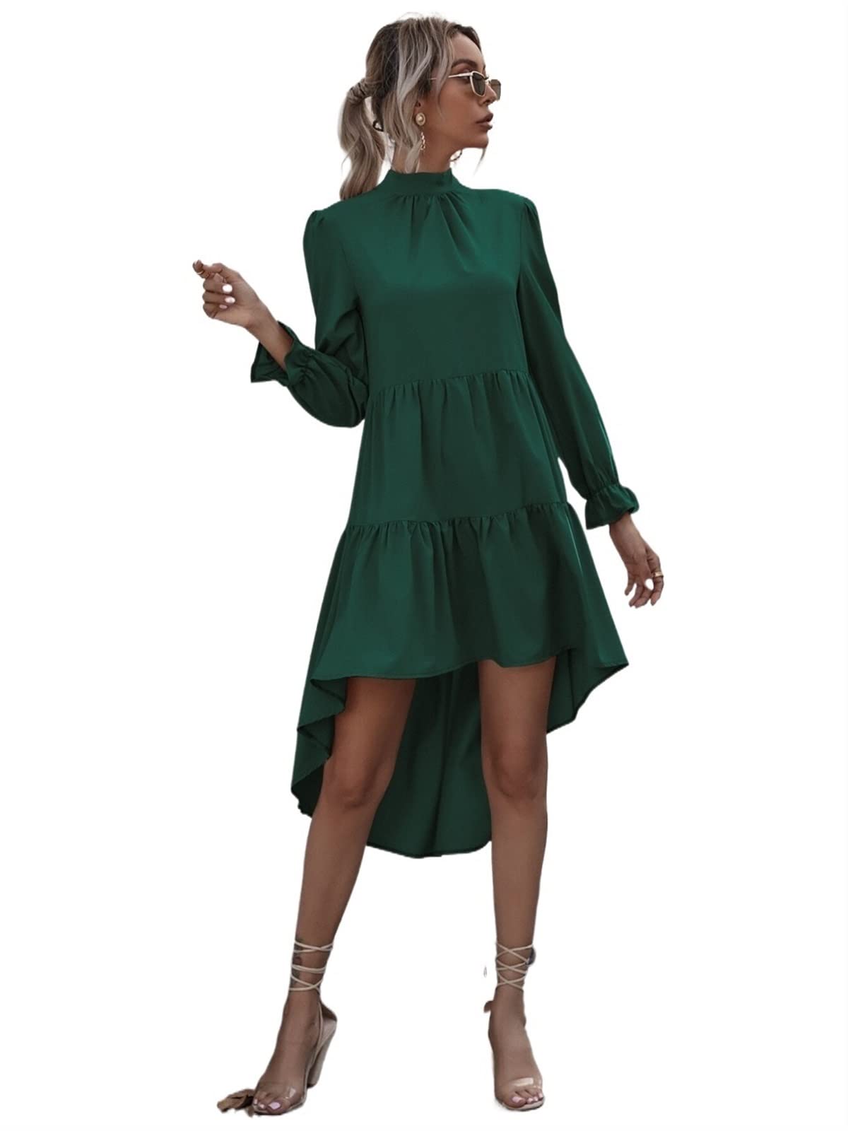 Women's Sexy Summer Short Dress - Tie Back Ruffle Long Sleeve Dip Hem Mini Dress for Beach Party, Date Night & Vacation Outfits
