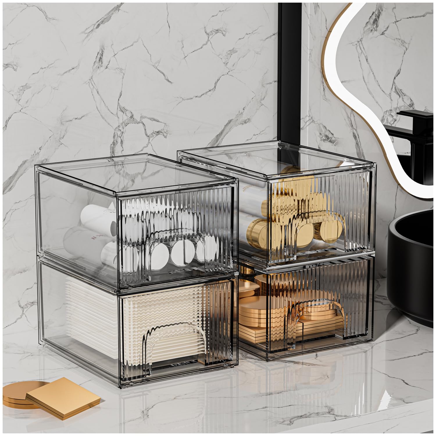 4 Pack Clear Stackable Acrylic Storage Drawers - Cosmetic & Home Organization for Dresser, Kitchen Cabinet, Pantry | Space-Saving Plastic Organizer for Makeup, Jewelry, Office Supplies & Small Items