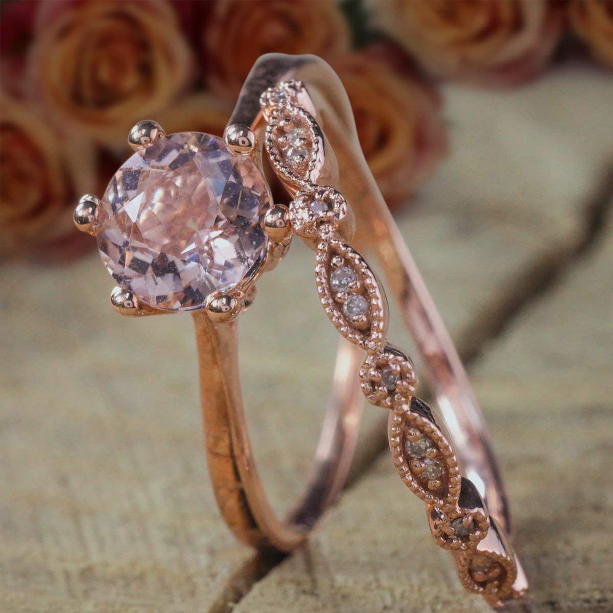 1.25 Carat Round Cut Morganite & Diamond Wedding Ring Set in 18K Gold Plating - Vintage Bridal Jewelry for Engagement, Anniversary & Special Occasions